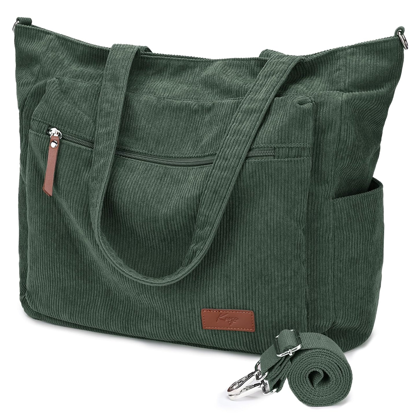 Kasqo Corduroy Tote Bag for Women, Extra Large Zippered Crossbody Shoulder Purse with 15.6" Laptop Compartment for Work Travel School College, Army Green