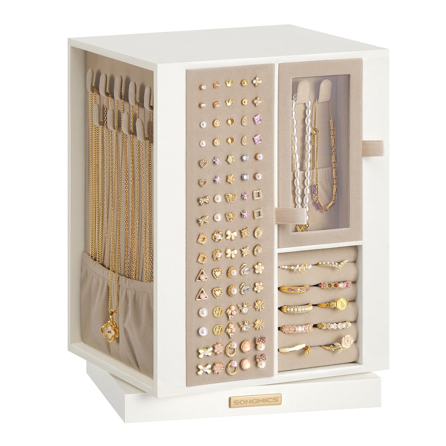 SONGMICS Jewelry Box 360° Rotating, Vertical Jewelry Storage Case with 4 Drawers, for Necklaces, Bracelets, Rings, Earrings, Gift Idea, Cream White UJBC211WD01