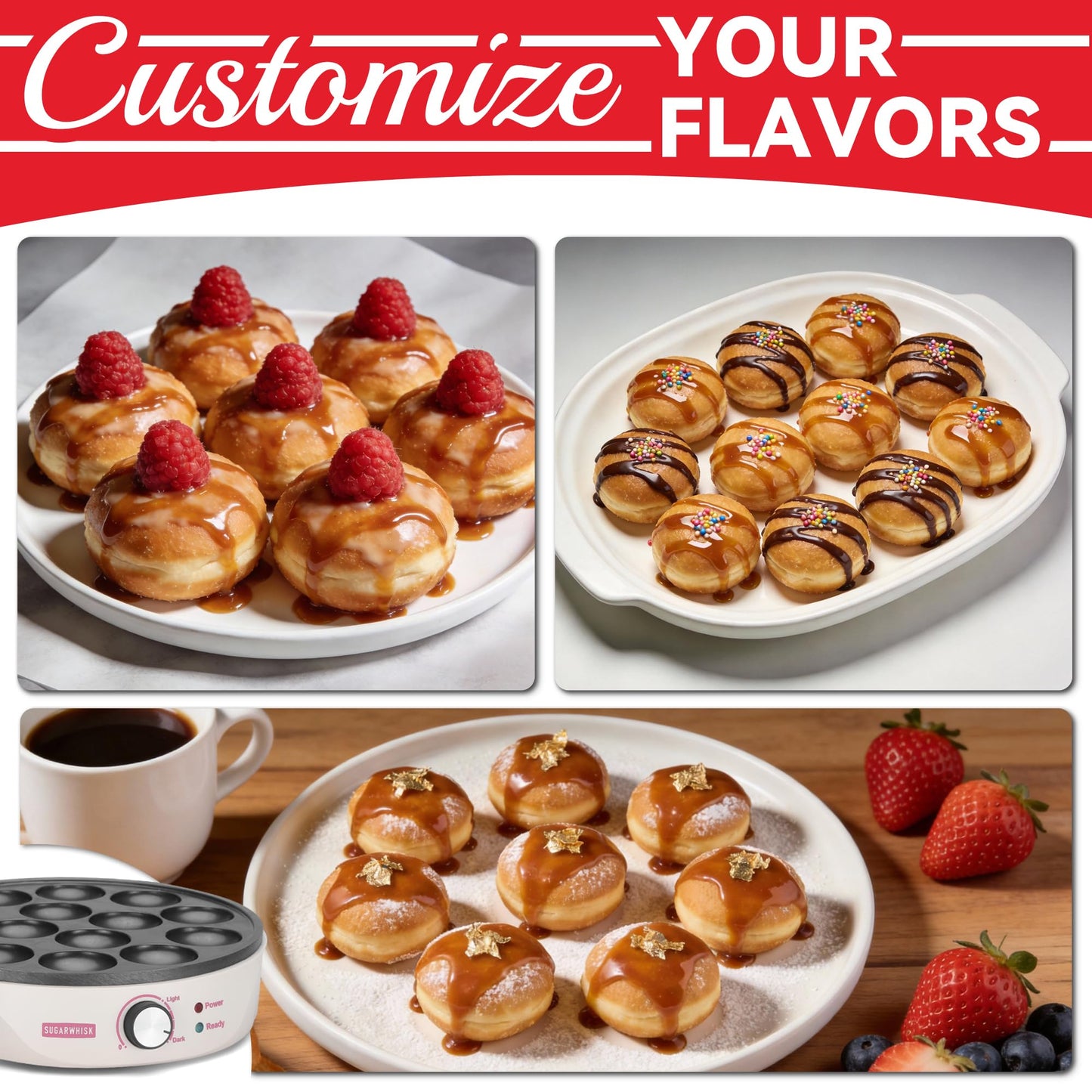 SugarWhisk Mini Pancakes Maker Machine with 14 Larger & Deeper Grooves, Electric Mini Pancake Pan, Aebleskiver Pan, Ebelskiver Pan, Browning Controllable, White