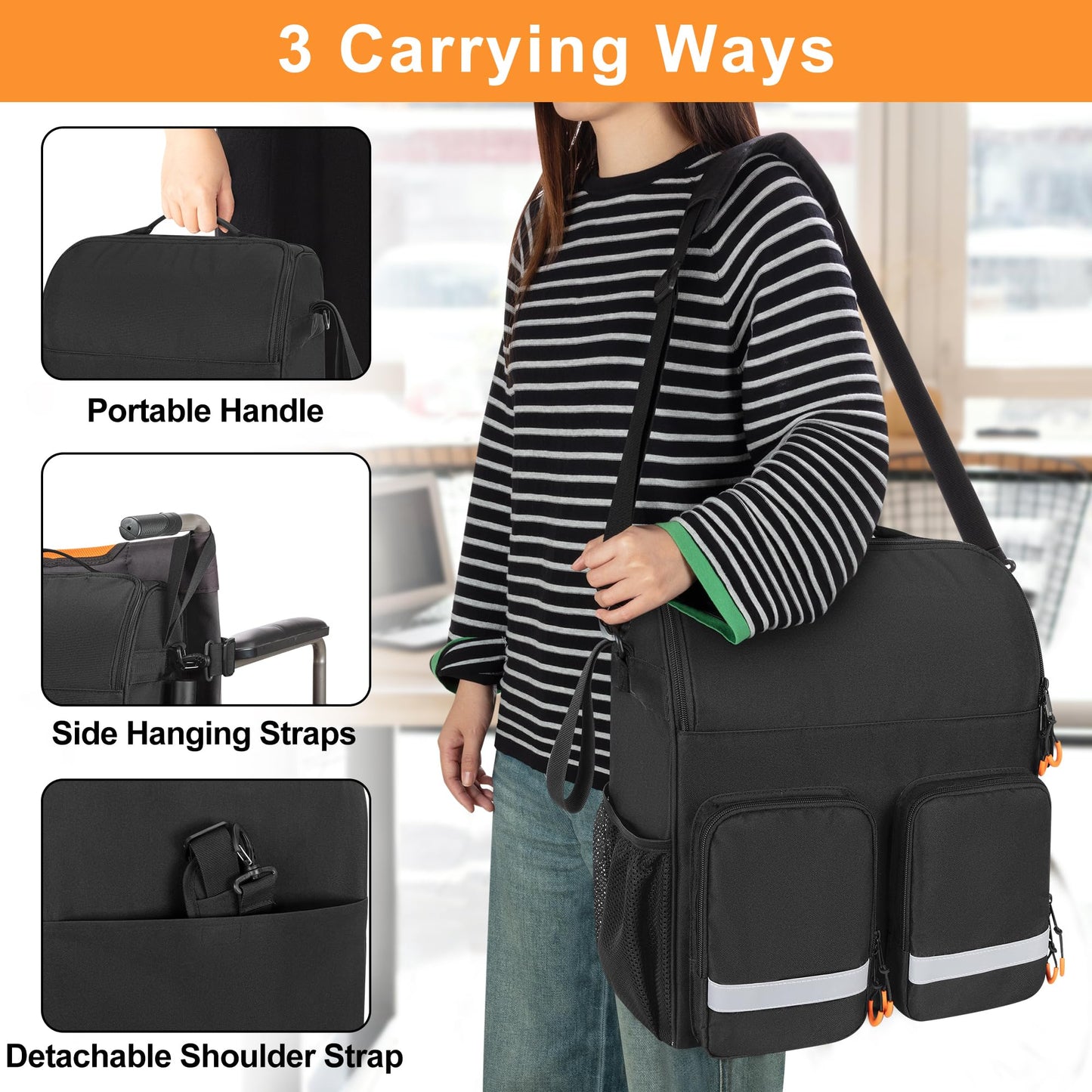 SAMDEW Large Wheelchair Bag to Hang on Back, Wheelchair Accessories Bag for Adult & Senior, Power & Manual Wheelchair Backpack Pouch with Medicine Storage Insulation Pocket & Shoulder Strap, Bag Only