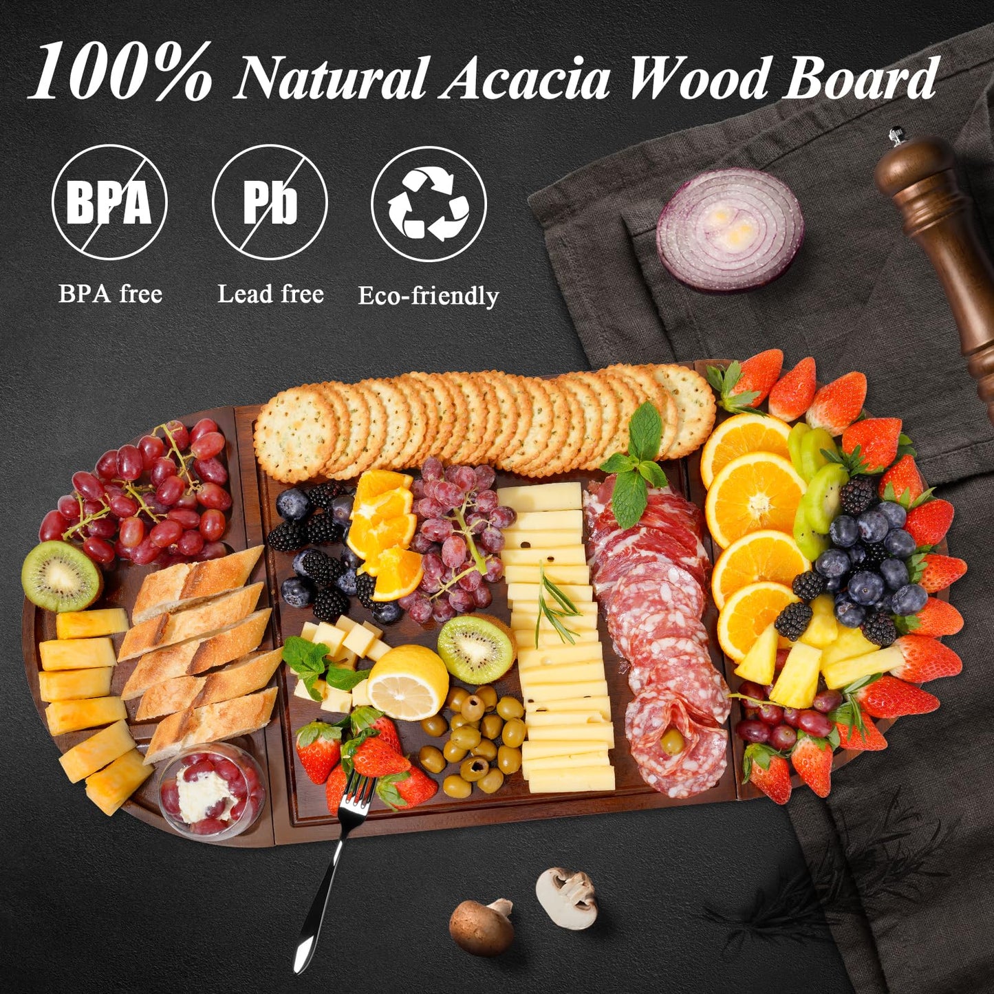 NiHome Magnetic Acacia Wood Charcuterie Board Large 26”x13” Cheese Board Splice Serving Boards for Entertaining, Beautiful Personized Christmas Wooden Square Semicircular Charcuterie Board Set