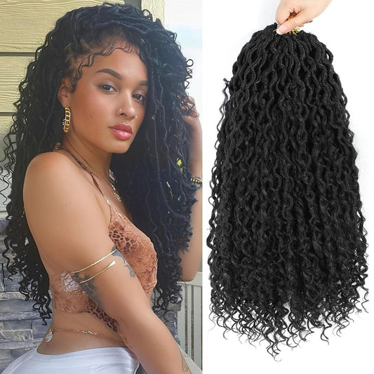 AMLUCKS 8 Packs Goddess Locs Crochet Hair Pre-Looped Boho Faux Locs Messy River Bohemian Crochet Hair for Black Women with Curly Ends (1B#, 18inch)