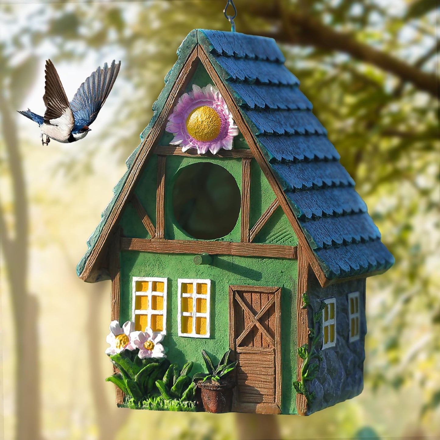 Attivolife Bird House for Outdoor Garden, Unique Gift for Women Mom Grandma Birdman Lovers, Resin Hanging Birdhouses for Outside, Weatherproof Art for Yard Patio Decoration Bluebird Finch Cardinals