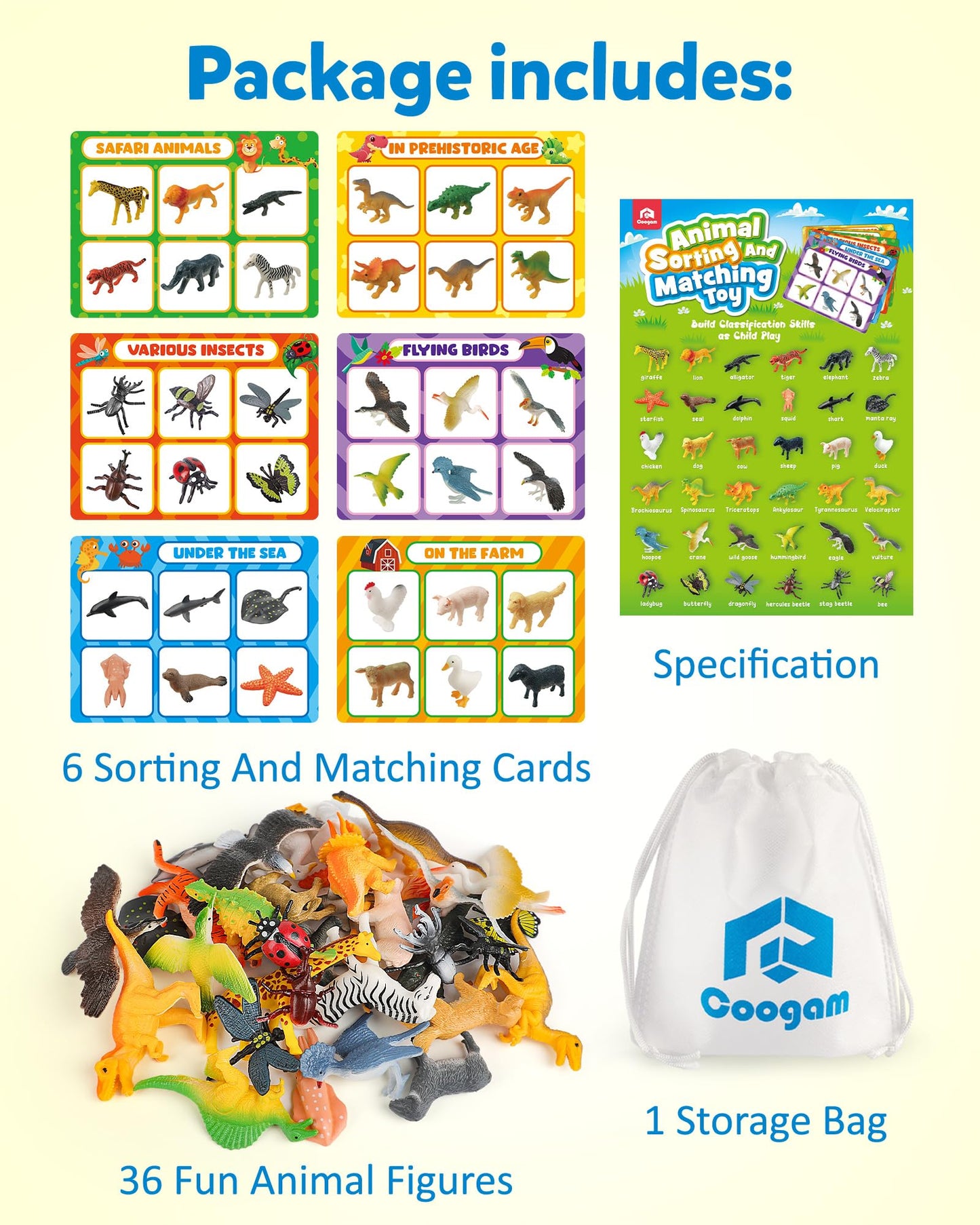 Coogam Sorting Toys for Toddles, Animals Figures Dinosaurs Birds Insects Cognition Matching Game Playset, Fine Motor Learning Activities Educational Toy Gift for 3 4 5 Year Old Kid