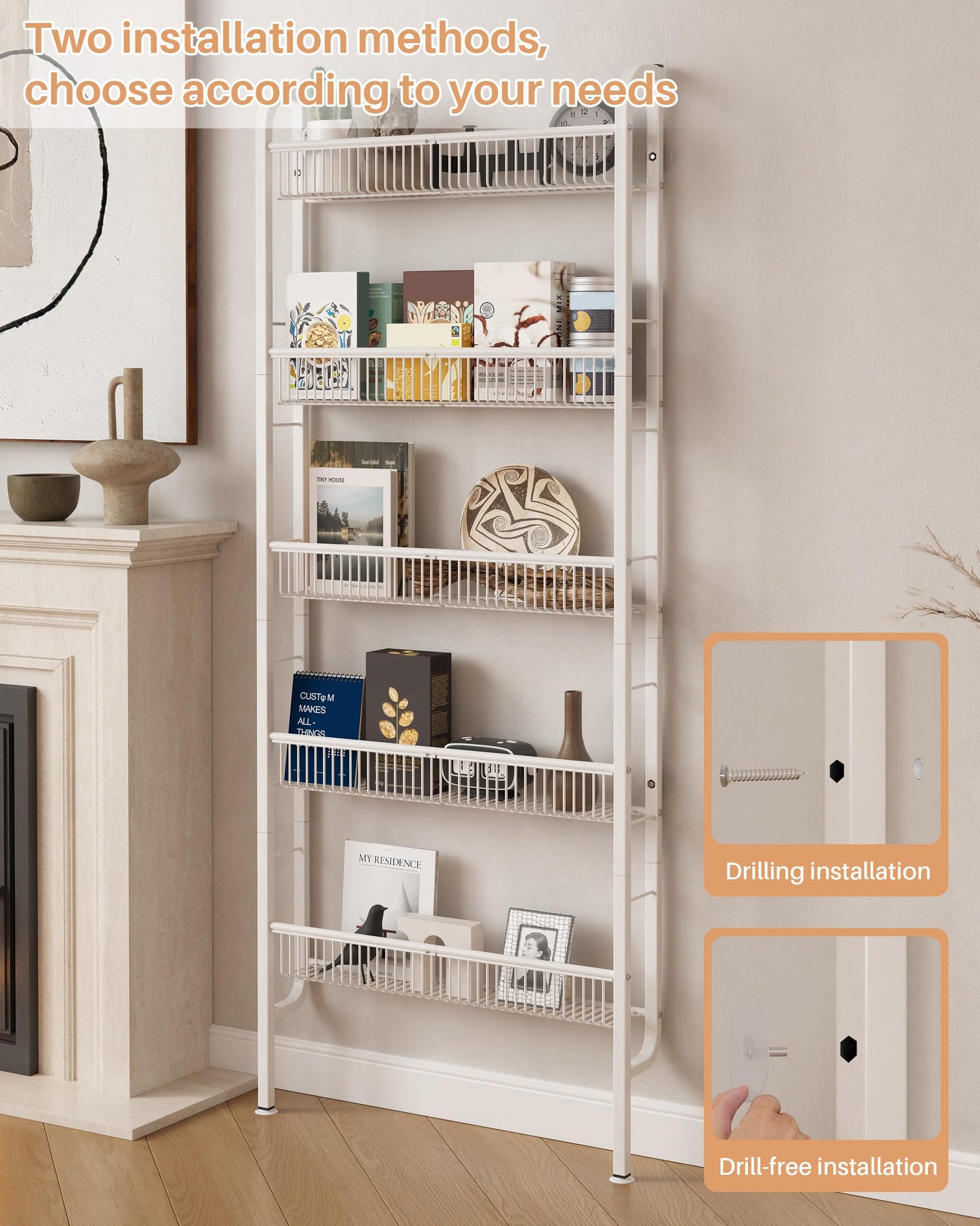 UMDONX Narrow Metal Storage Shelf Behind Door Organizer 5 Tier, Bookshelf Bookcase Book Rack Bathroom Shelving Unit Multifunctional (White 62x9x160cm)