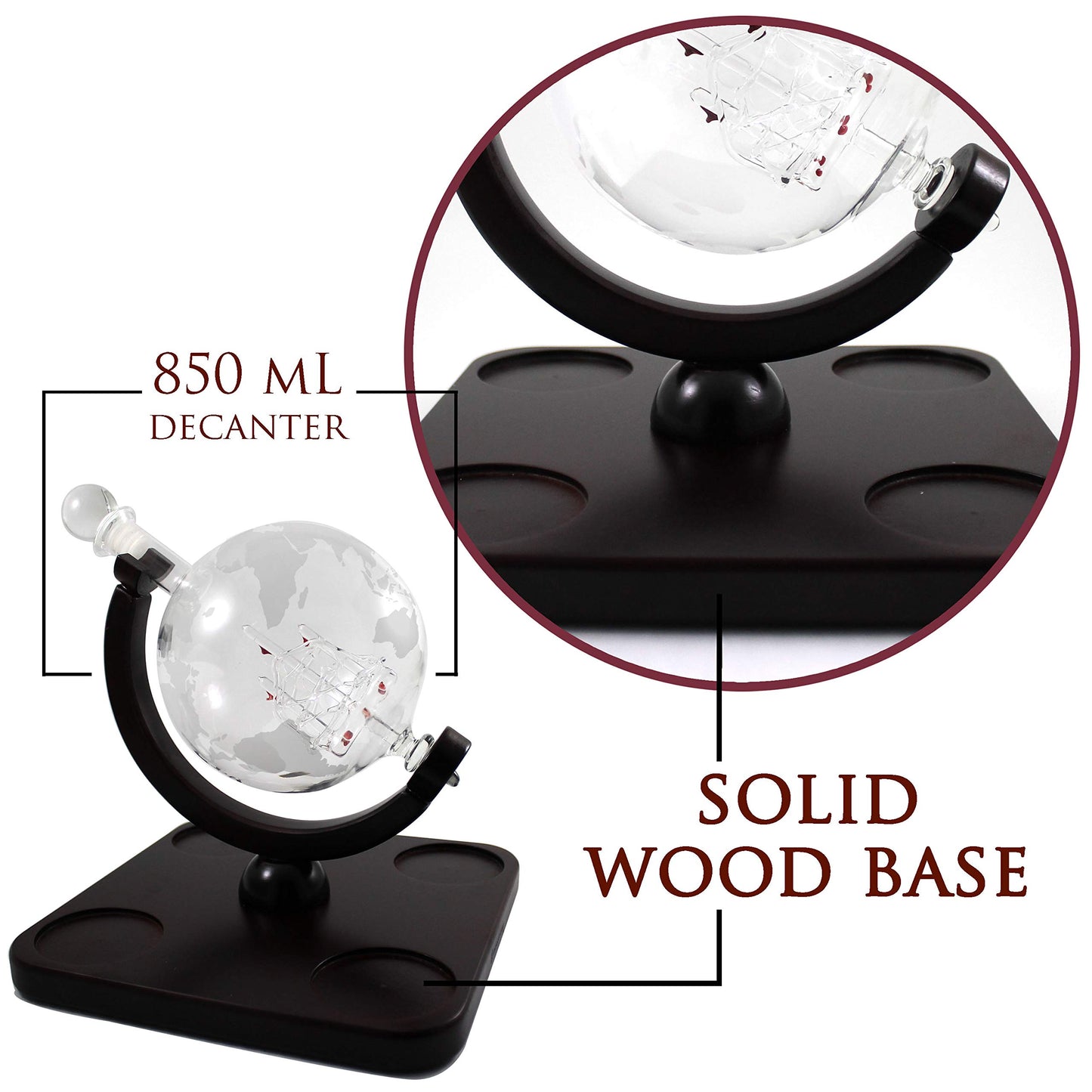 Krown Kitchen - Globe Decanter Gift Set. Includes Wood Base, 4 Glasses, 4 Coasters, Shot Glass, and Funnel.