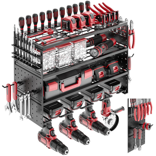 ODSNANIE Power Tool Organizer Wall Mount, Cordless Drill Hanger Storage Rack with 8 Drill Holder, 4 Layer Heavy Metal Large Capacity Tool Rack for Garage Organization, Black