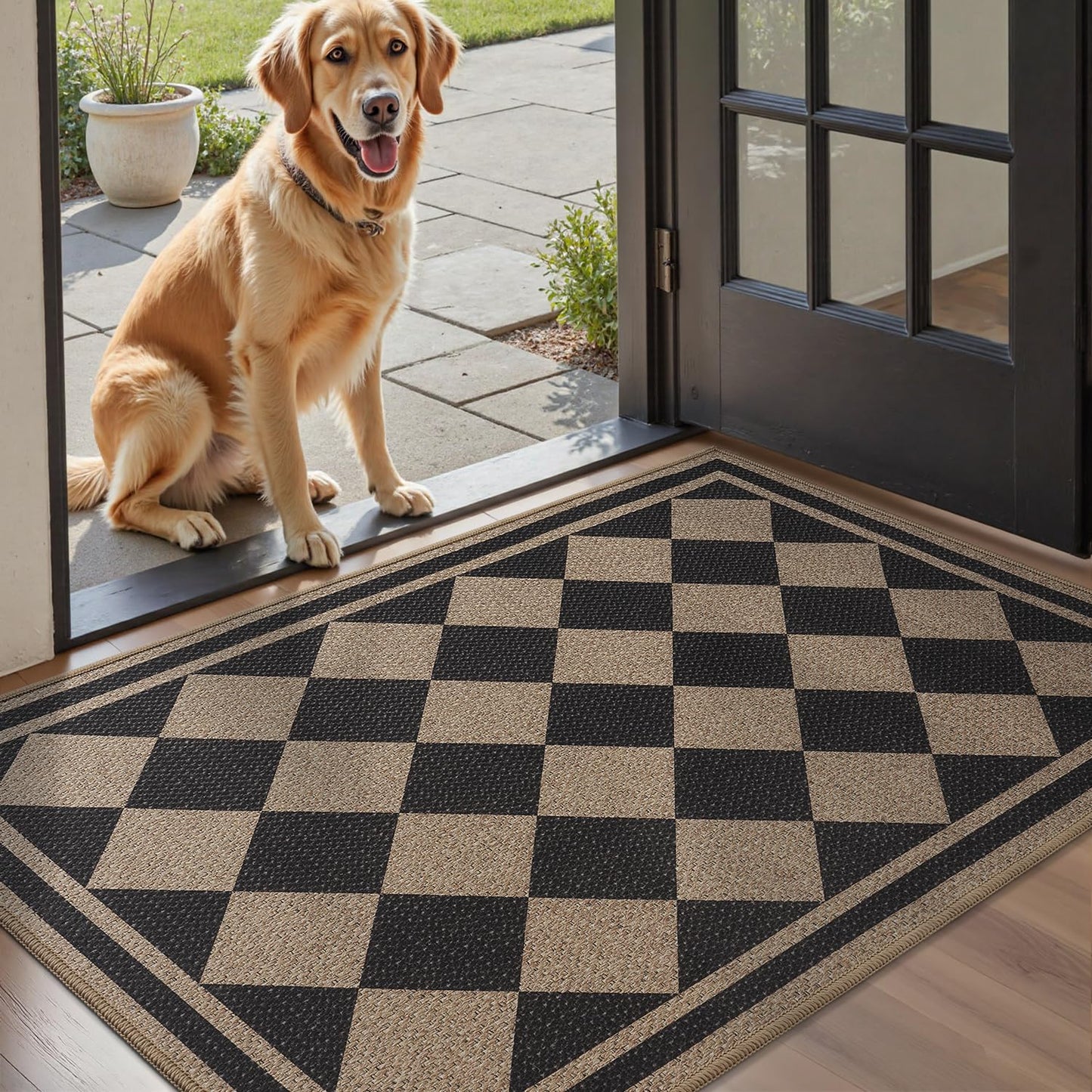 Front Door Mat Indoor Outdoor Mat for Entrance Mat Easy-Jute Entryway Mat-Mud Trapper Absorbent Low-Profile Fall Door Mats Entry Rug Checkered Black 90x150cm