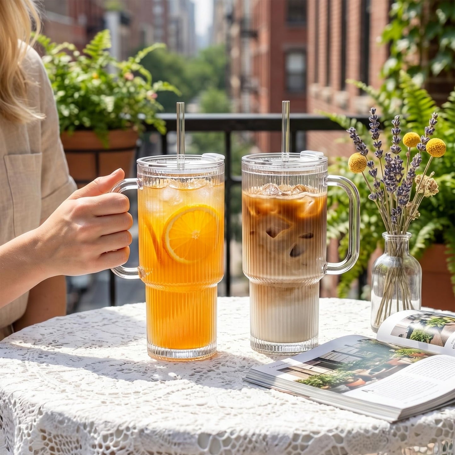 INSETLAN 26oz Ribbed Glass Tumbler with Handle & Lid – 2-Pack Large Iced Coffee Cups with Straws, Modern Glass Mug for Cold & Hot Beverages, Aesthetic Travel Cup for Smoothies, Tea, and Juice