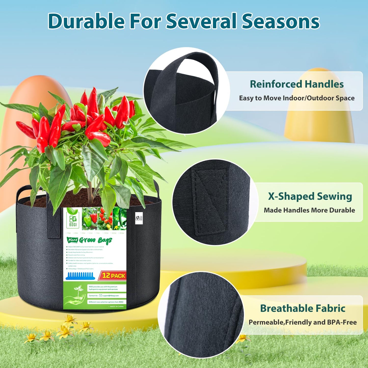 BOGI Grow Bags 12 Pack 10 Gallon Grow Bags Heavy Duty Thickened Nonwoven Grow Bag with Durable Habdles Fabric Pot for Vegetable Flower Potato Garlic Indoor Outdoor Plants + 12 Waterproof Plant Labels