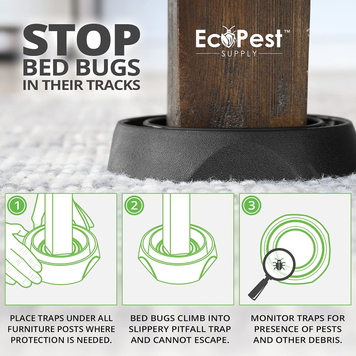Bed Bug Interceptors - 8 Pack | Bed Bug Blocker (Pro) Interceptor Traps (Black) | Eco Friendly Insect Trap for Bed Legs | No Chemicals or Pesticides | Monitor, Detector, and Trap for Bed Bugs