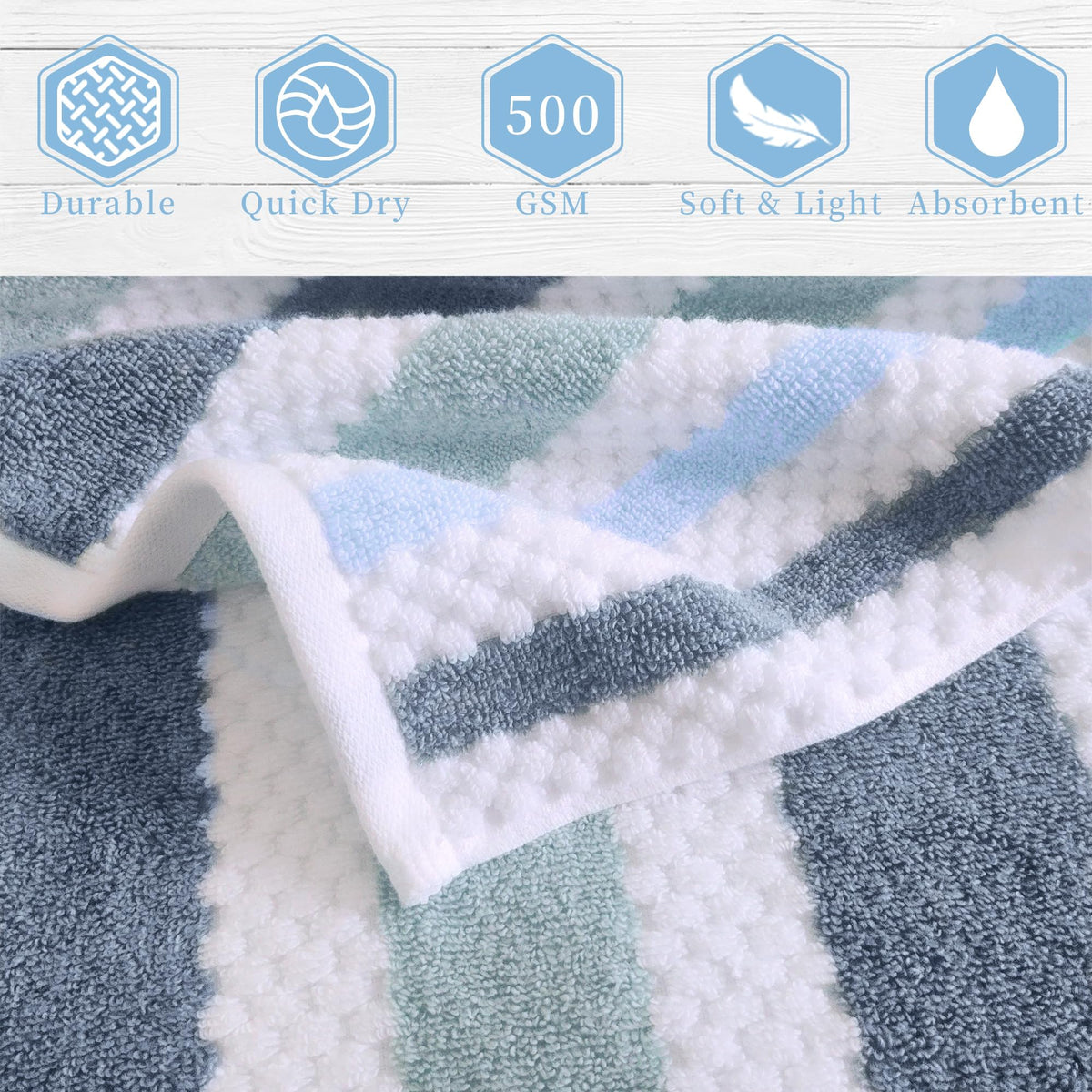 Waffle Hand Towels, 4PC 16"x27" - Cotton Polyester Blend | Quick Dry | Absorbent | Lightweight | Thick | Soft | 540GSM, Striped Hand Towel, Durable Towel for Bathroom, Blue Gray Stripe & White Checker