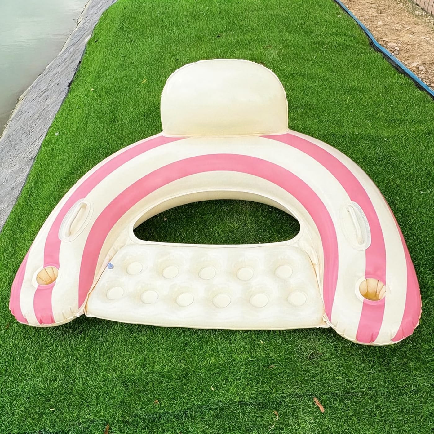 2PCS Inflatable Pool Floats Adult,Striped Pool Chairs with Cup Holders,Blow up Floats Chair for Relaxing Summer Water Fun Swimming Party Beach (U-Pink Lollipop)