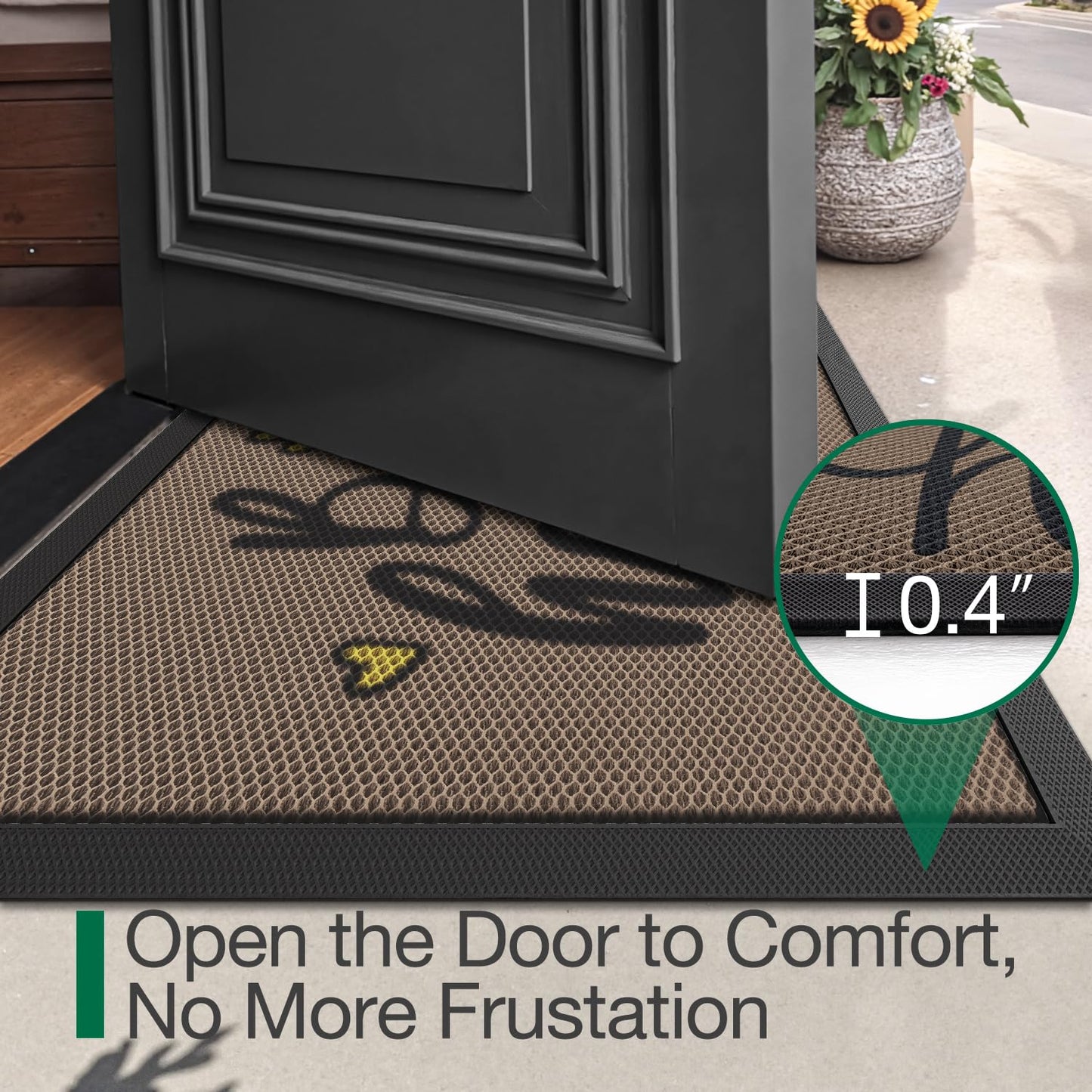 LUMI Outside Welcome Door Mat 17x30, Non Slip Durable Rubber Entrance Doormat, Low Profile Easy Clean Mats for Front Back Door Entryway Porch Garage, Bee Happy