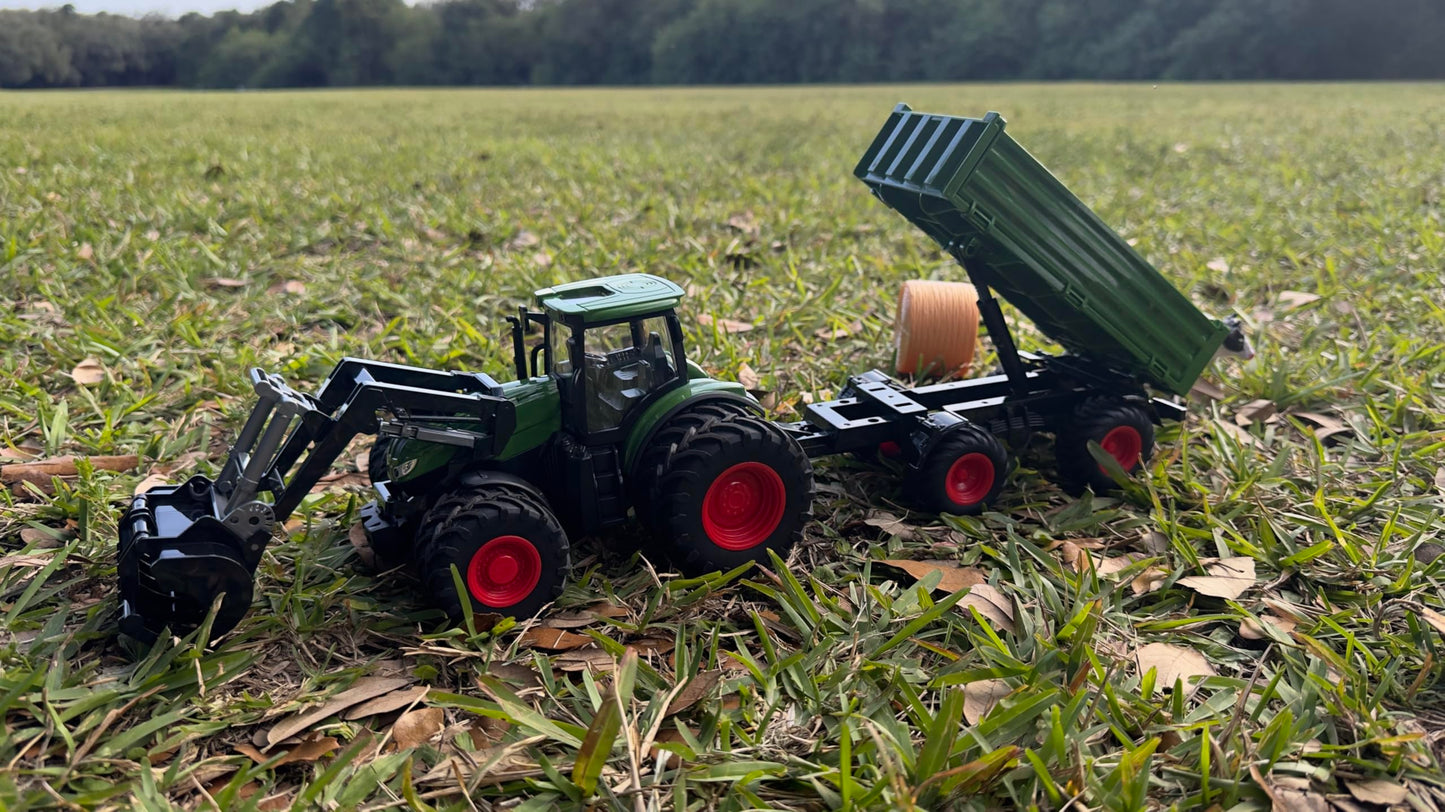 WELIN Remote Control Tractor and Trailer Toys - Rechargeable RC Tractor Playset with Metal Car Head/Lights/8 Wheels, Green Farm Truck Vehicles Toy Set, Birthday Gifts for Kids Boys Ages 3+