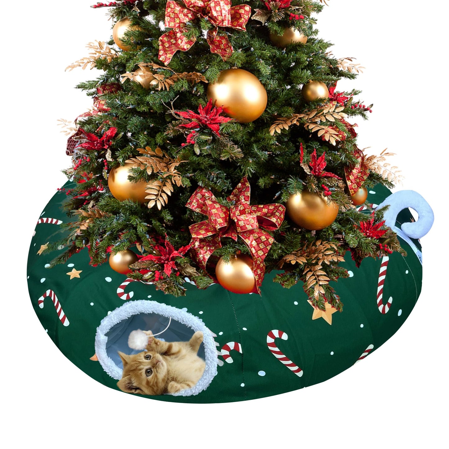 LUCKITTY Cat Tunnel Bed in Christmas Style with Star, Crutches Candy, and Snowflakes Patterns - 3FT x 3FT x 9.8 INCH Size Green Decorative for Festive Felines