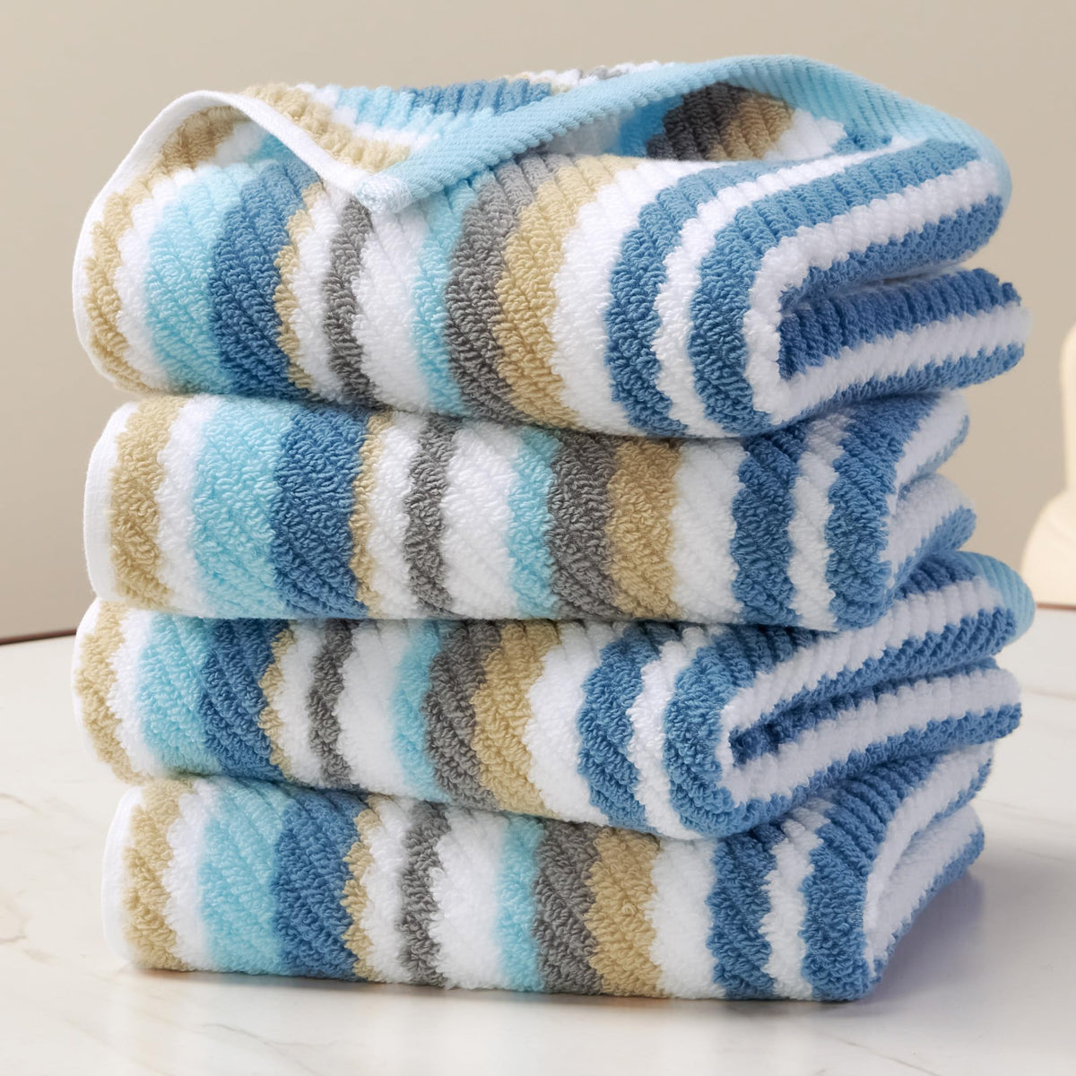 Striped Hand Towels Set (4PC, 16"x27") - 100% Cotton | Quick Dry | Soft | Absorbent, Light Weight Hand Towels for Showering & Bathroom, Luxury Towel Set for Guest, Blue + Gray + Beige Stripes