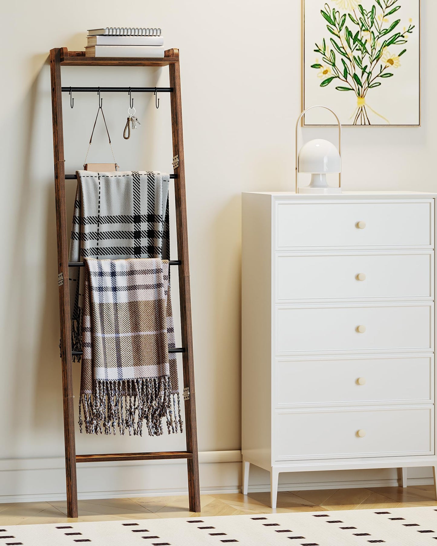 Hzuaneri Blanket Ladder Shelf for Living Room, Decorative Quilt Rack with Storage Shelf, 6-Tier Farmhouse Towel Rack, Ladder Holder Organizer with 4 Removable Hooks for Bedroom, Rustic Brown BR35801B