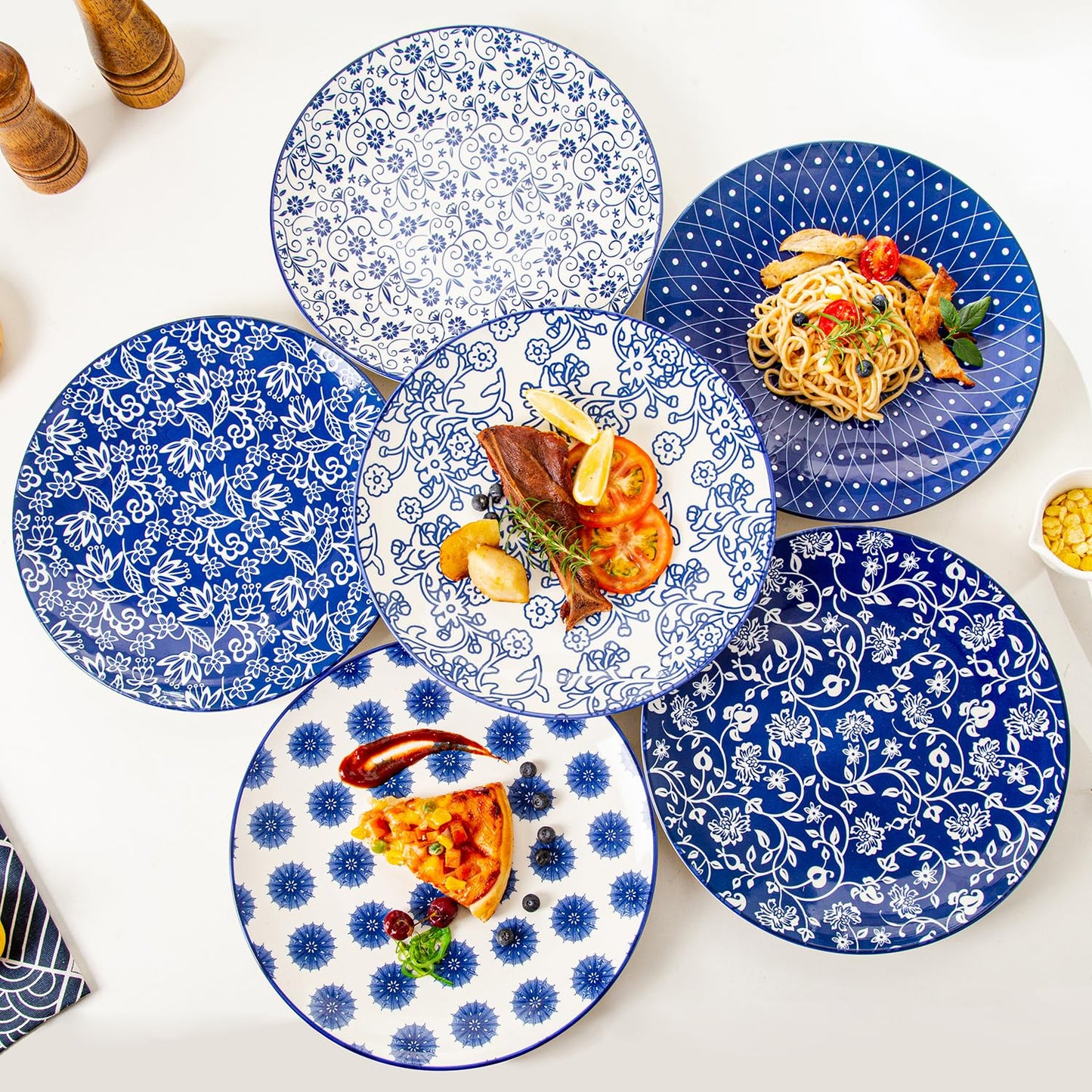 Cerkik Ceramic Dinner Plates Set - 10.5 Inch / 27 cm Large Porcelain Salad Serving Plate for Pasta Steak Pancakes Pizza - Scratch Resistant Microwave Oven Dishwasher Safe - Set of 6 - Vintage Blue