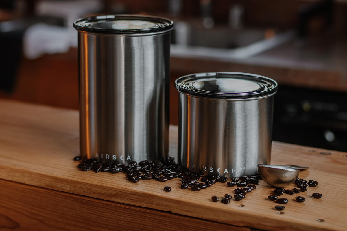 Airscape Stainless Steel Coffee Canister | Food Storage Container | Patented Airtight Lid | Push Out Excess Air Preserve Food Freshness (Small, Brushed Steel)