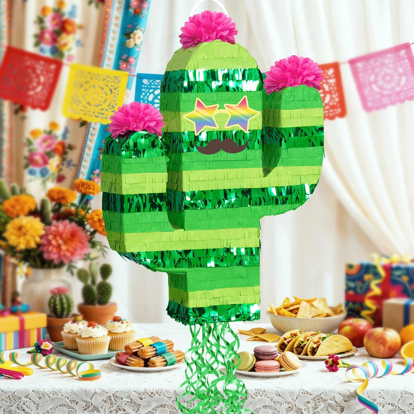 WERNNSAI Cactus Pinata - Mexican Fiesta Party Decorations Tropical Hawaiian Pinata with Stick and Blindfold Cinco de Mayo Supplies Summer Luau Taco Bar Decor Green Cactus Photo Prop