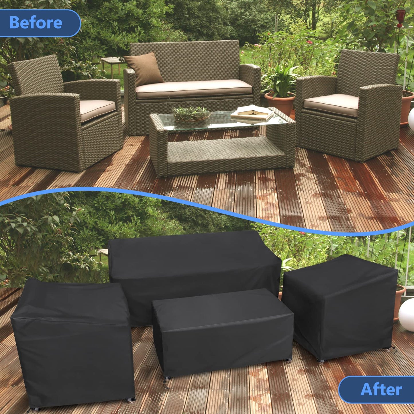 STARTWO Patio Furniture Covers 4 Piece Set, Heavy Duty Waterproof Outdoor Furniture Cover, Windproof with Buckle Strap and Drawstring, Black