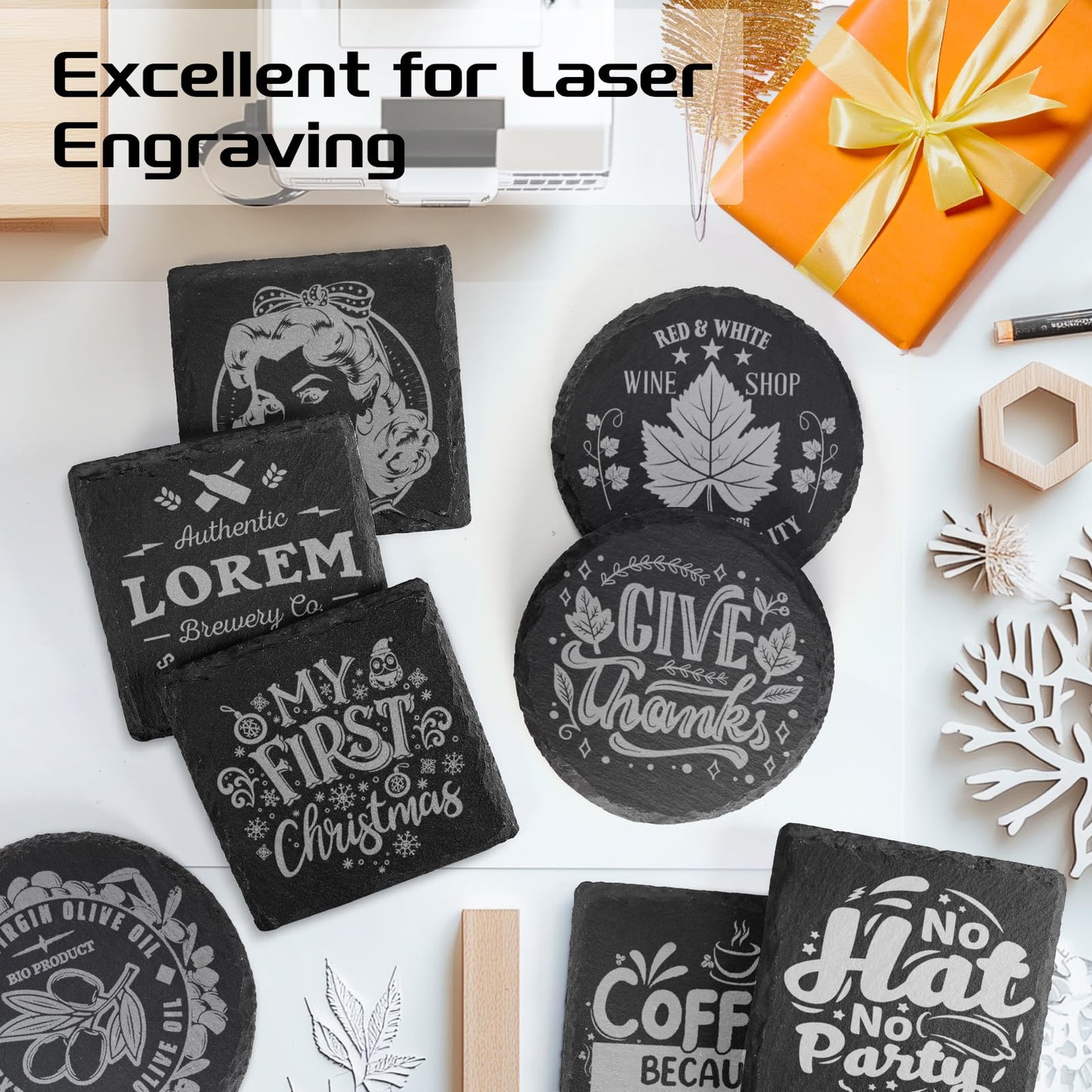 MAPRIAL 36 PCS Coasters for Drinks, 4 Inch 18P Square Blanks Slate Coaster Bulk, 18P Round Stone Coasters Natural Handmade Coasters for Laser Engraving, Wedding, Party, Home Decor, Bar, Gifts, Black