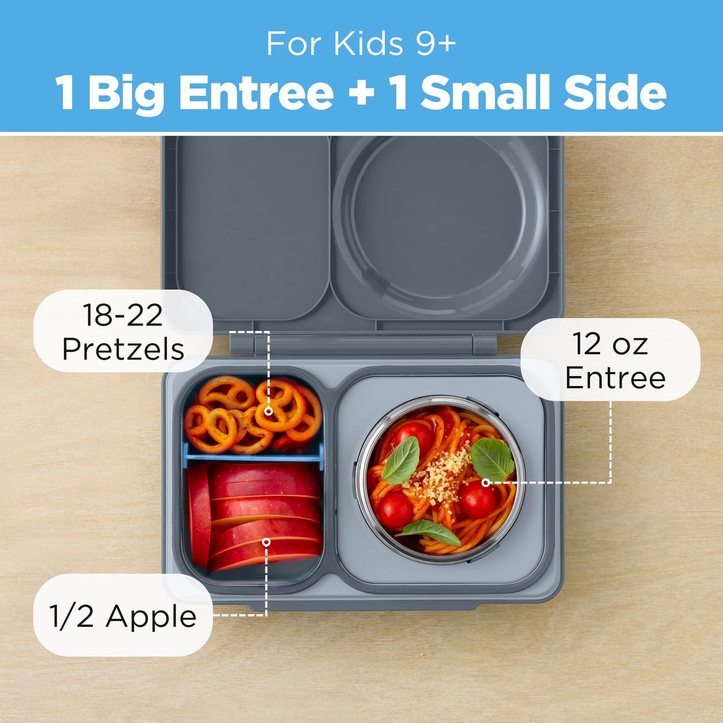 OmieBox UP bento Box for Kids | Insulated Lunch Box | Insulated Food jar | Cooler ice Pack | 2 Compartments (Graphite)