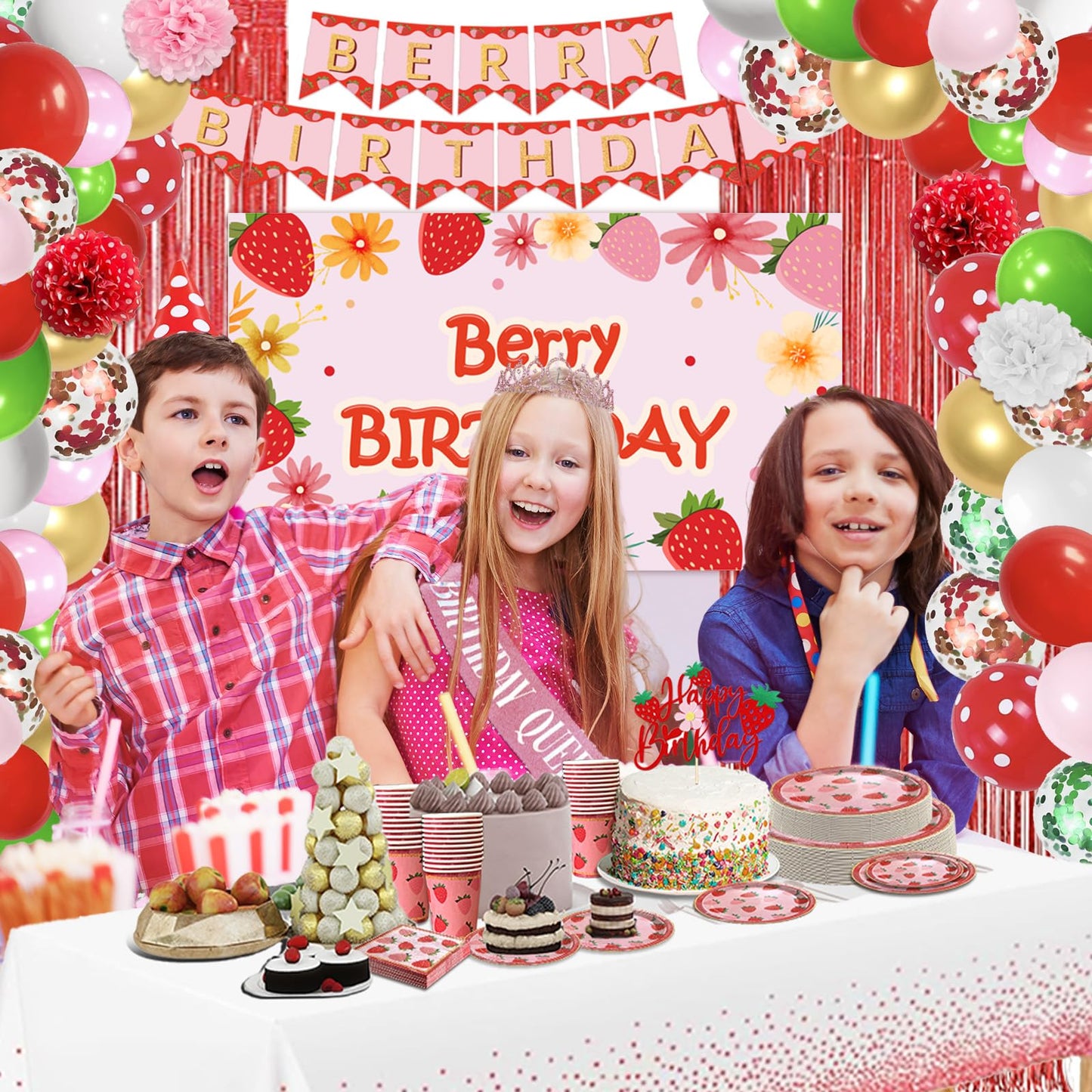 239 Pcs Strawberry Shortcake Birthday Decorations, Berry Party Supplies Inclue Serves 25 Plates and Napkins Tablecloth, Birthday Banner, Balloons, Cake Topper, Tiara, Sash for Girls