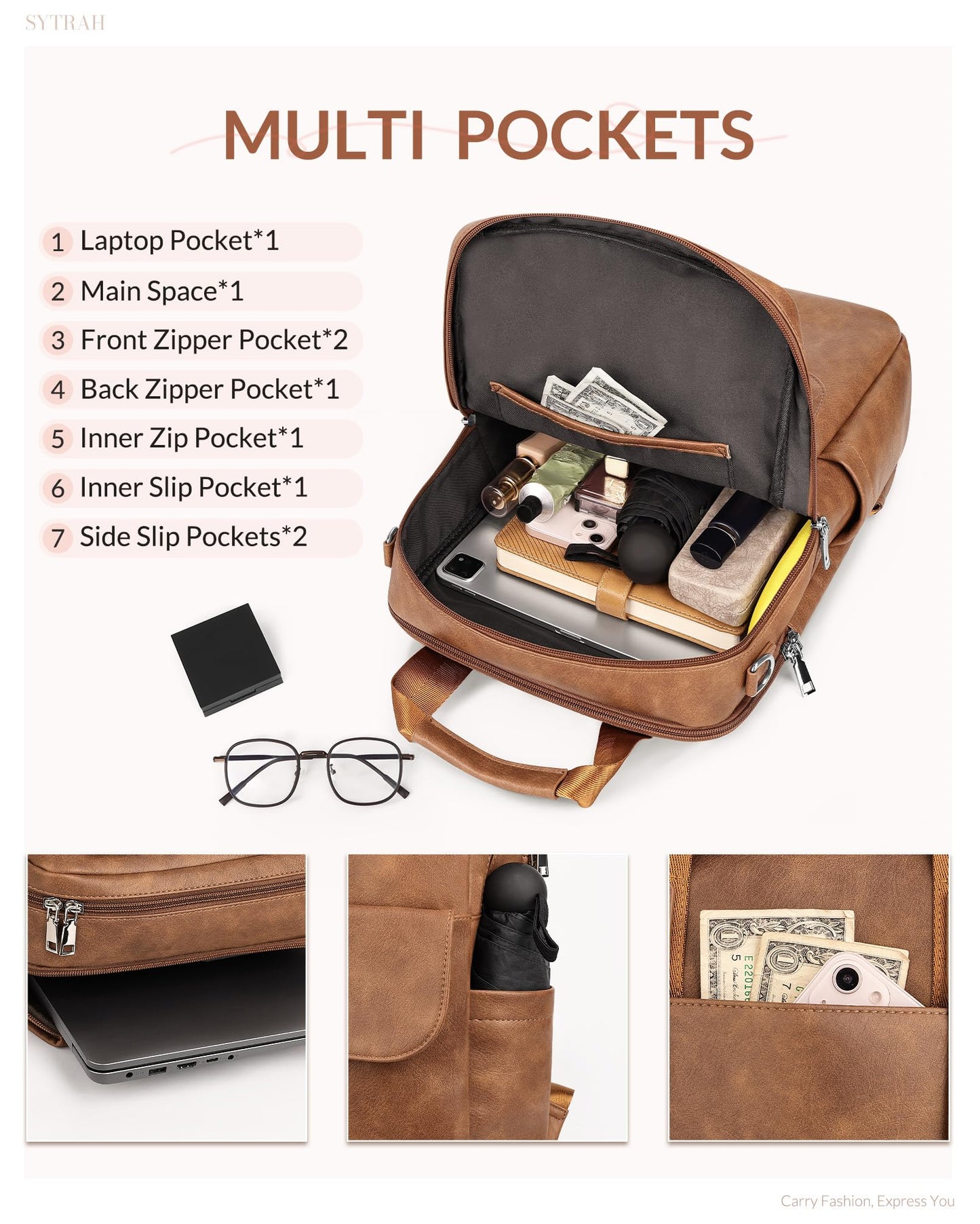SYTRAH Leather Laptop Backpack 15.6 Inch Womens Laptop Bag, 3 IN 1 Computer Bag Handbag with Colorful Shoulder Bag Strap for Work Travel College Mocha Brown