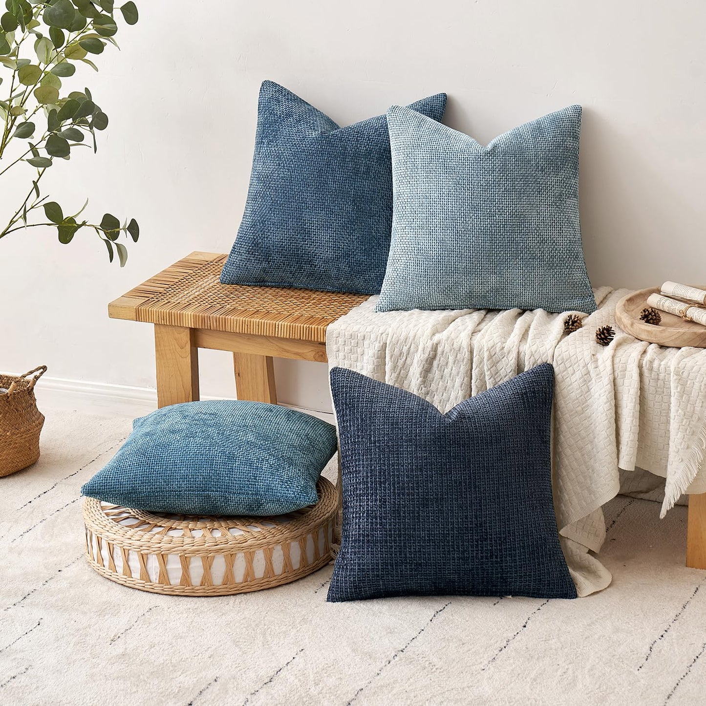 MIULEE Pack of 4 Couch Throw Pillow Covers 18x18 Inch Neutral Blue Soft Decorative Chenille Pillow Covers Farmhouse Cushion Covers for Home Decor Sofa Bedroom Living Room