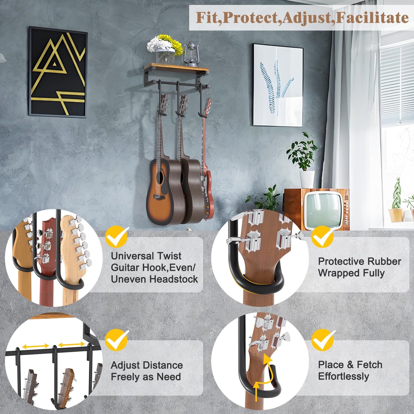 Guitar Wall Mount Hangers Holds 3 Guitars with Rustic Shelf, 3-Detachable Guitar Stand Hooks Universal Fit for Acoustic, Electric, Bass & Ukulele