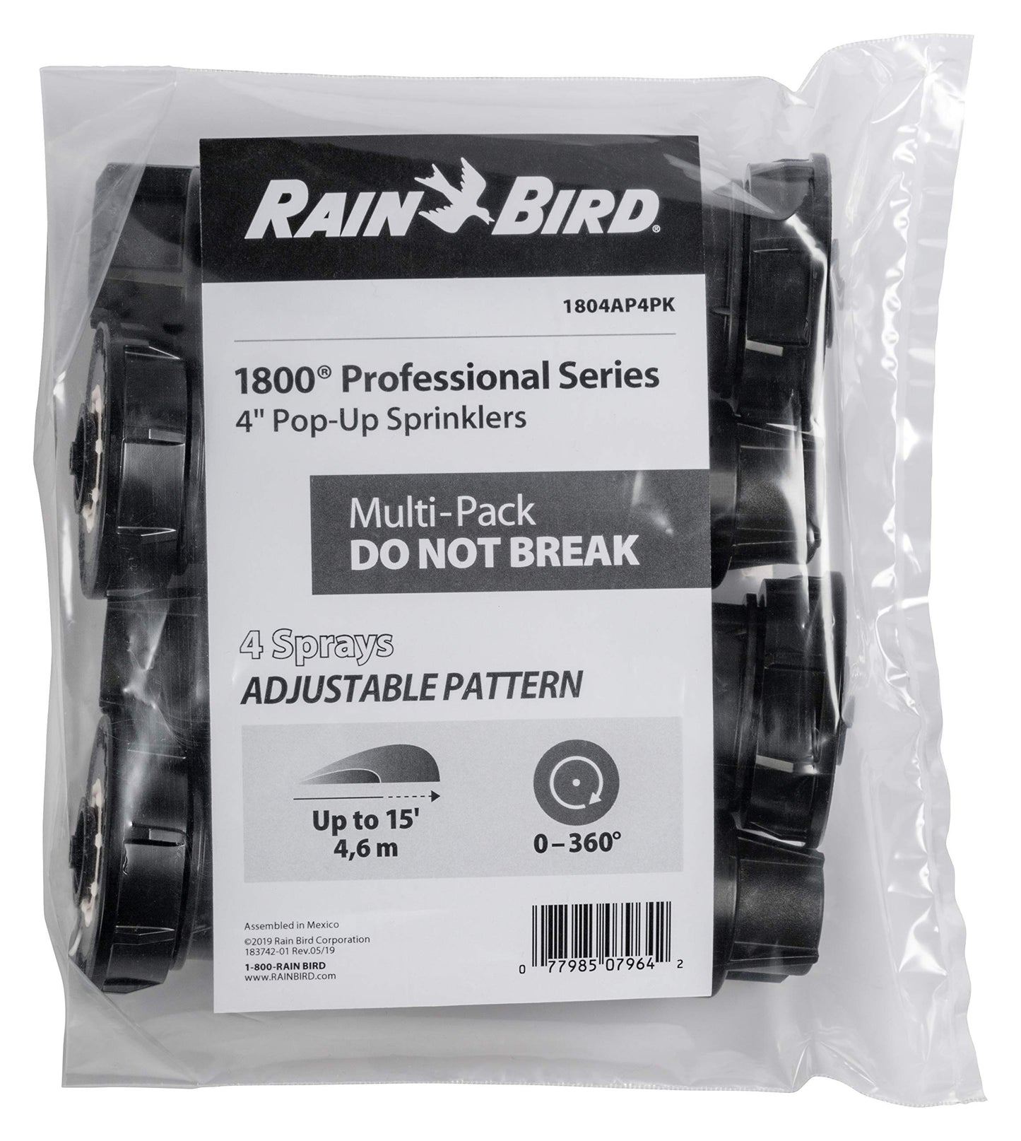 Rain Bird 1804AP4PK Professional Pop-Up Sprinkler, Adjustable 0° - 360° Pattern, 8' - 15' Spray Distance, 4" Pop-up Height, 4-Pack