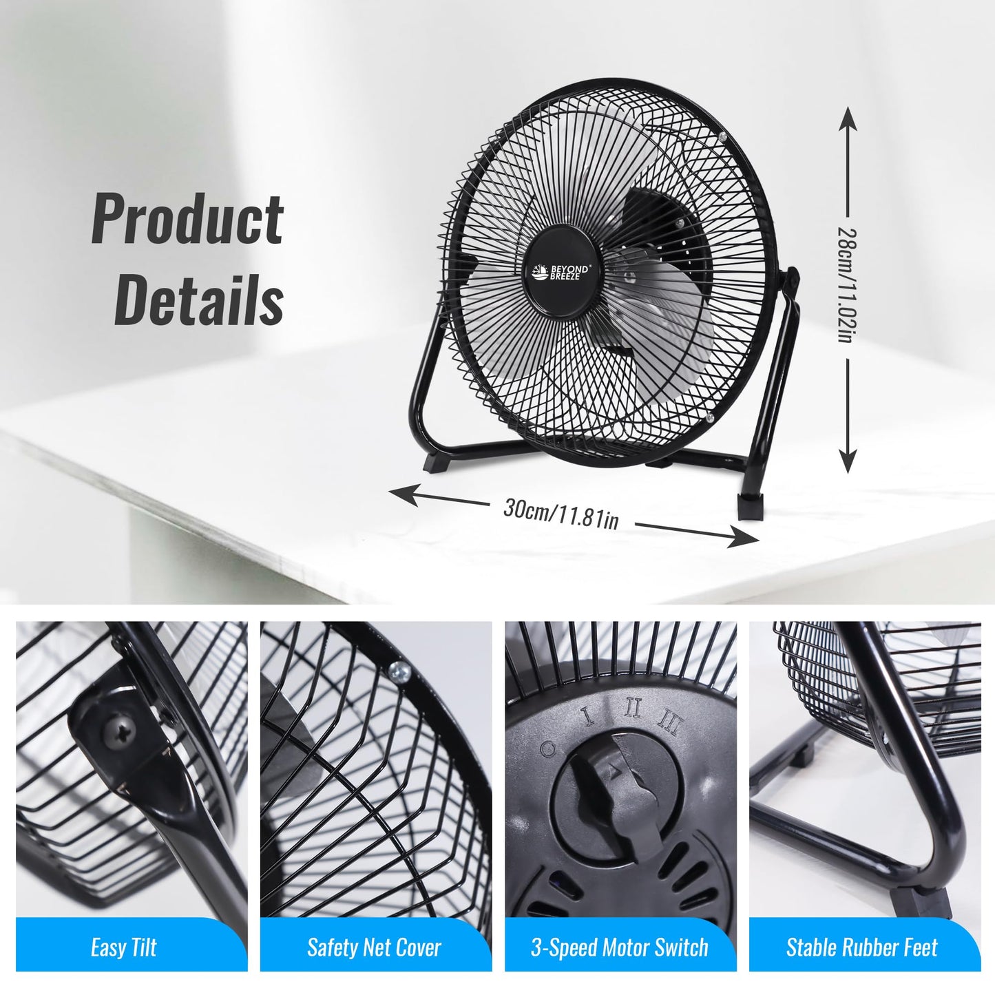 BEYOND BREEZE Floor Fan 9 Inch, 3-Speed Portable Metal Fan with Adjustable Tilt, Quiet Small Cradle Floor Fan for Home, Office, Bedroom