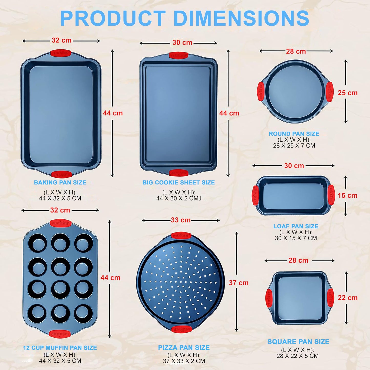 NutriChefKitchen 8-Piece Nonstick Bakeware Set - PFOA, PTFE-Free Carbon Steel Baking Trays w/Heatsafe Silicone Handles, Oven Safe Up to 450°F, Pizza Loaf Muffin Round/Square Pans, Blue, NCSBSBL8