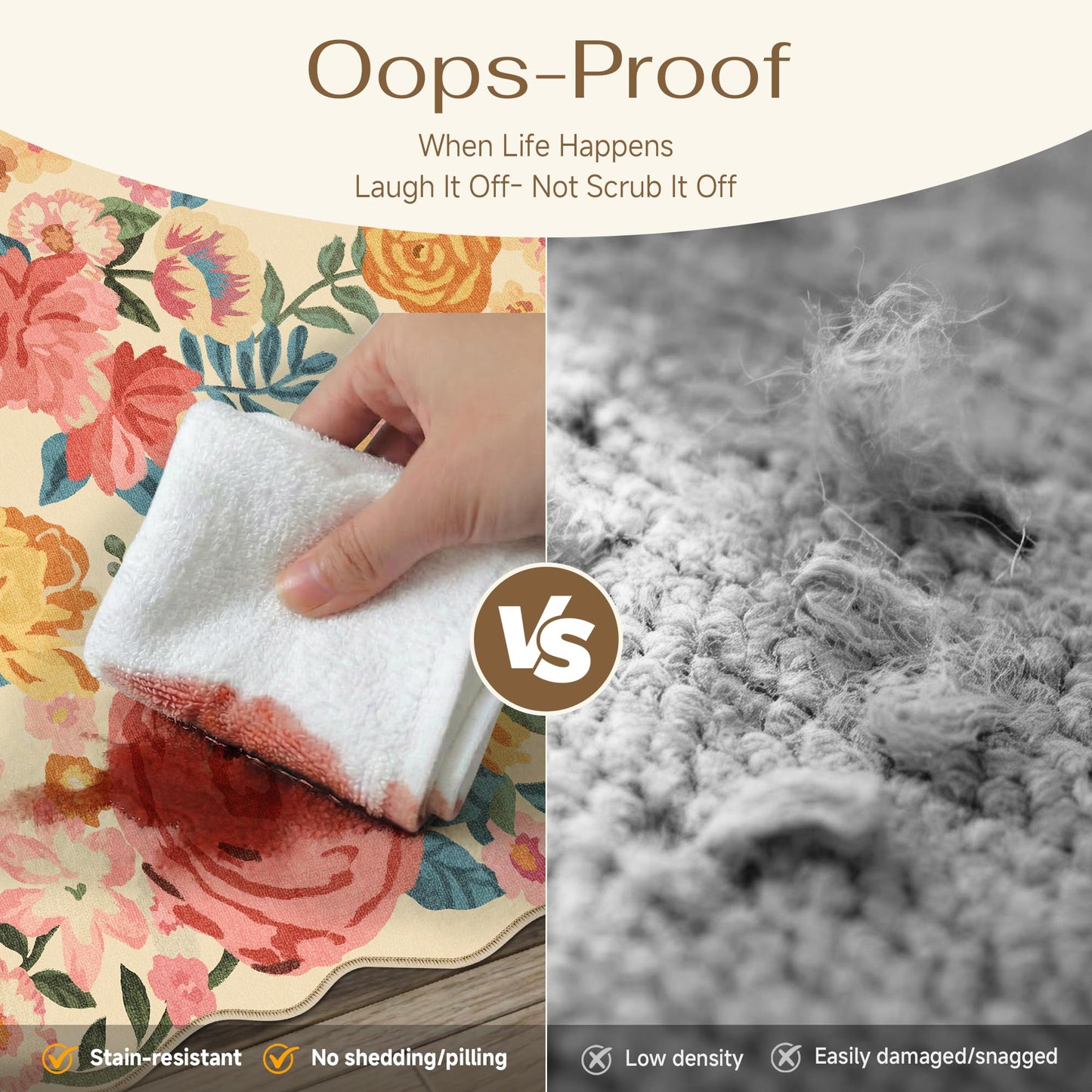 PureCozy Washable Floral Area Rug 5x7 Beige Living Room Carpet Scalloped Flower Non Slip Soft Bedroom Rug Farmhouse Low Pile Thin Indoor Floor Cover for Office Dining Room Kitchen Bathroom