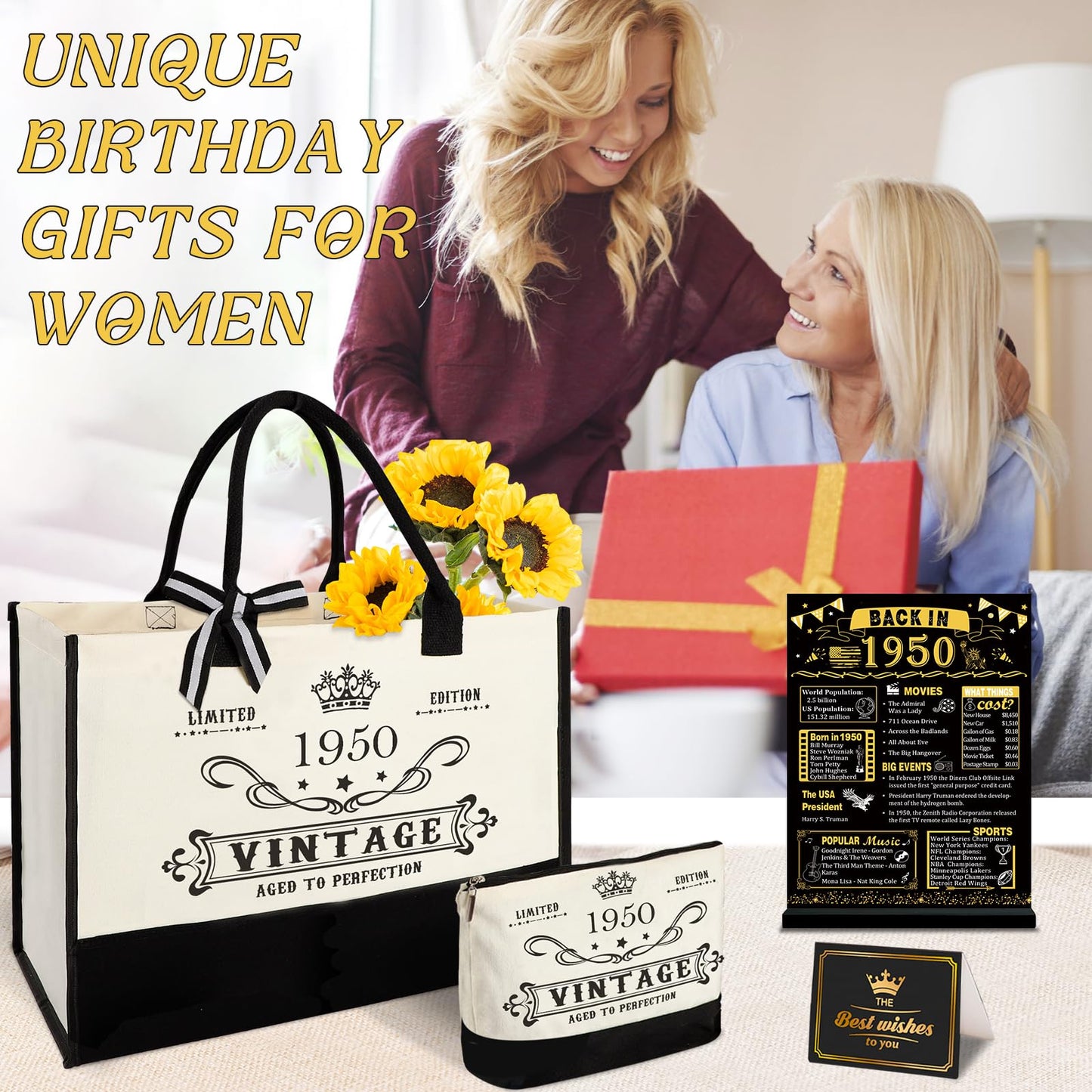 75th Birthday Gifts for Women Canvas Tote Bag Travel Gear, Unique 75 Years Old Birthday Gifts for Mom Wife Aunt Friends Her, Vintage 1950 Handbag & Cosmetic Bag & Back in 1950 Poster