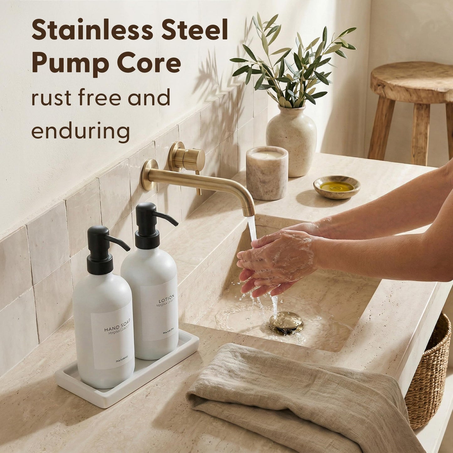 MaisoNovo Bathroom Soap Dispenser Set - Soap and Lotion Dispenser Set with White Soap Dispenser, Black Pumps & Concrete Tray
