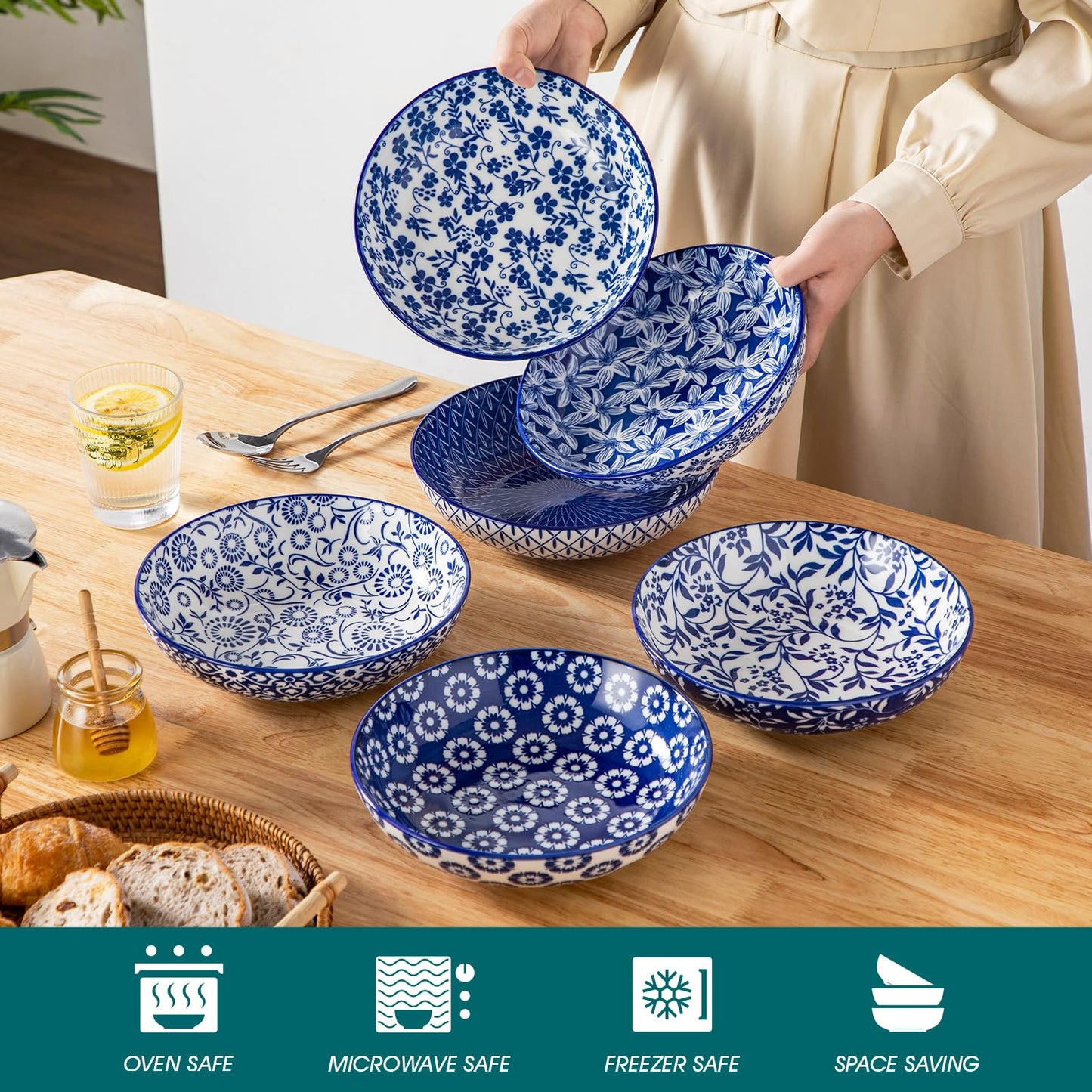 vancasso Selene 8.5" Pasta Bowls Set of 6, 40 oz Porcelain Shallow Salad Bowls, Serving Bowls Large Bowl Plates Pasta Plates, Blue & White Floral Design, Microwave Safe