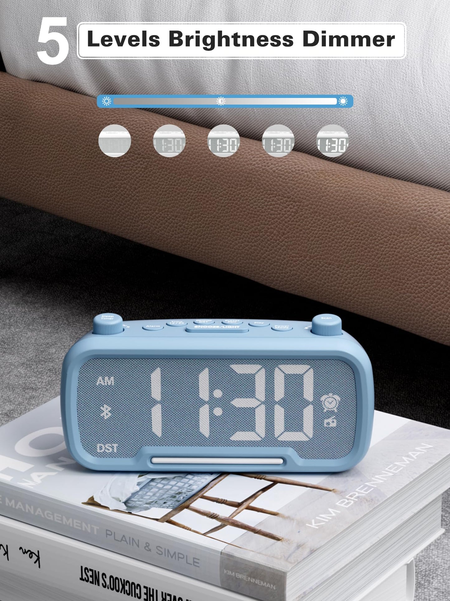 Radio Alarm Clock with Bluetooth Speaker, FM Clock Radio for Bedroom, Digital Alarm Clock with LED Night Light, 5-Level Brightness, 16-Level Volume, Phone Charger, Snooze, Battery Backup, 12/24H & DST