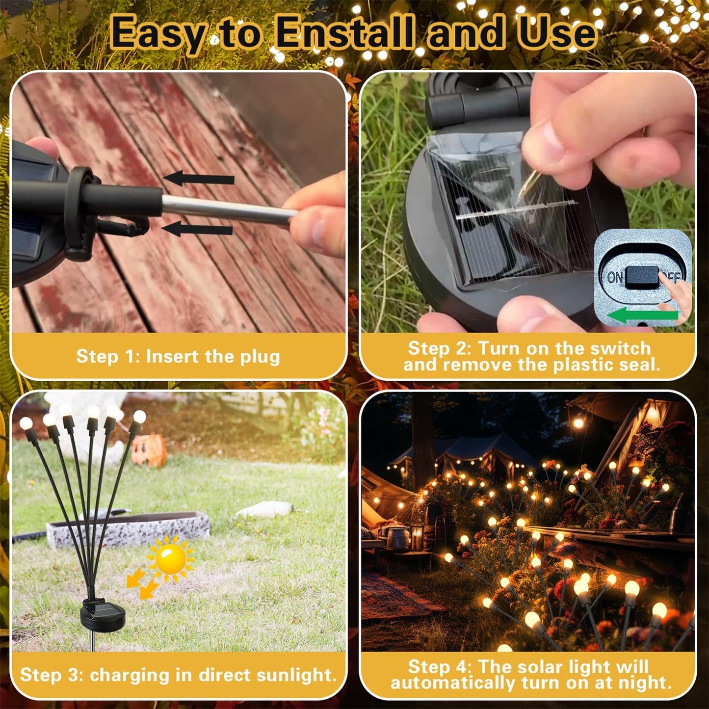 SIOTMERA 4Count Solar Lights Outdoor Waterproof IPX5, Solar Garden Lights, Wind Swaying Firefly Lights, Christmas Lights Outdoor, for Yard Lawn Pathway Decoration Lighting, 6LED WarmYellow
