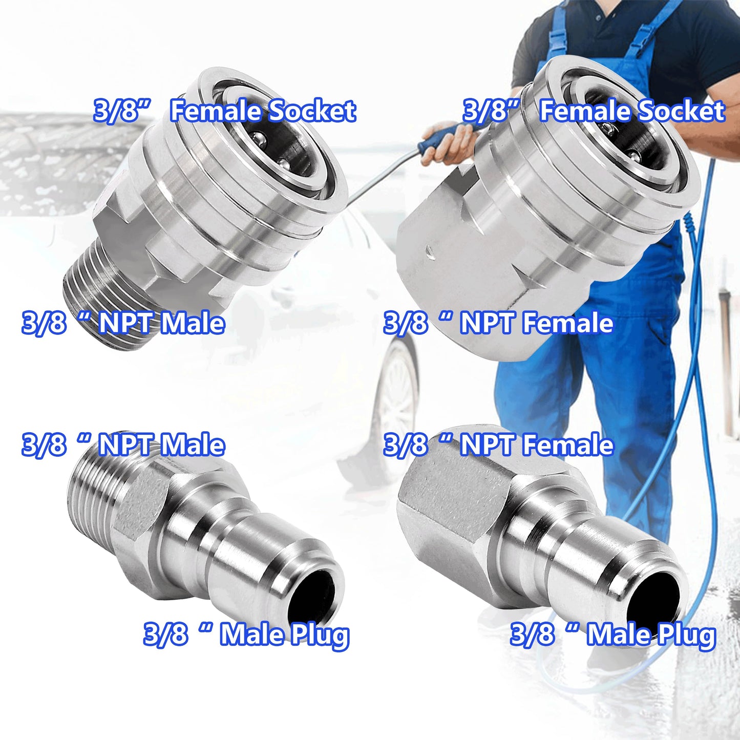 RIDGE WASHER Quick Connect 3/8 Inch Pressure Washer Adapter Set, Stainless Steel Fittings, Female and Male NPT Thread, 8 Pcs