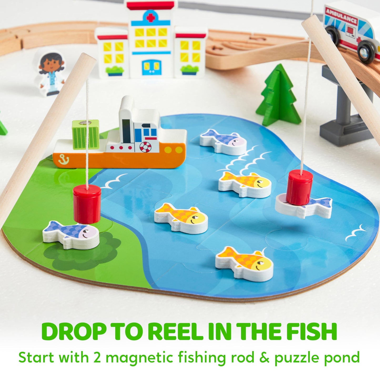 110PCS Montessori Wooden Train Set - Urban Journey, City Scene Railway Set with Magnetic Trains, Cars, Helicopter & Ship, Perfect Xmas Birthday Party Toy Gift for Kids Toddlers Boys Girls Ages 3-8