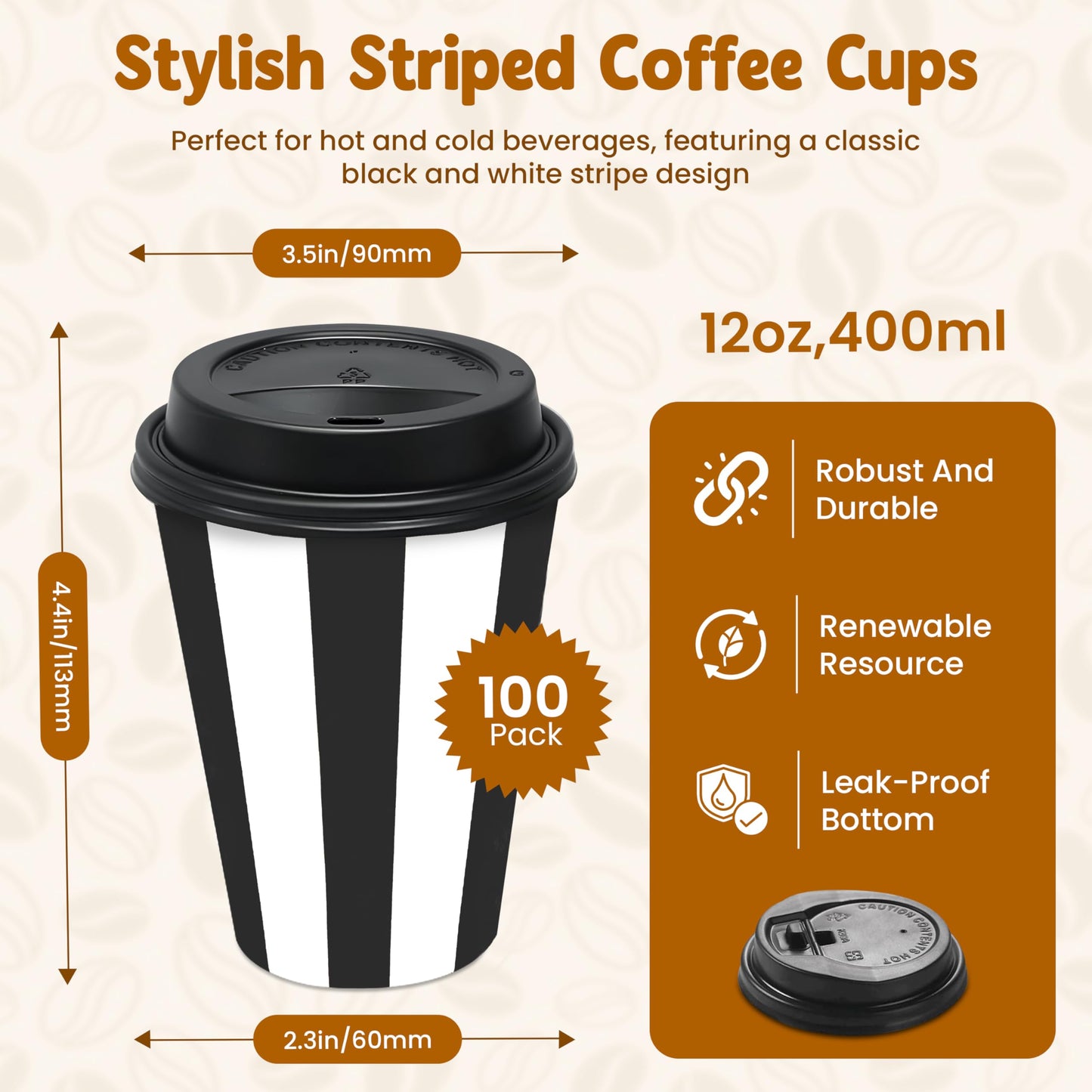 100 Pack - 12 oz Disposable Coffee Cups with Lids and Sleeves - Double Wall Kraft Paper to-Go Hot/Cold Cups with Lids - Thickened Coffee Paper Cups for Office, Restaurant, Party, Cafe & Takeout