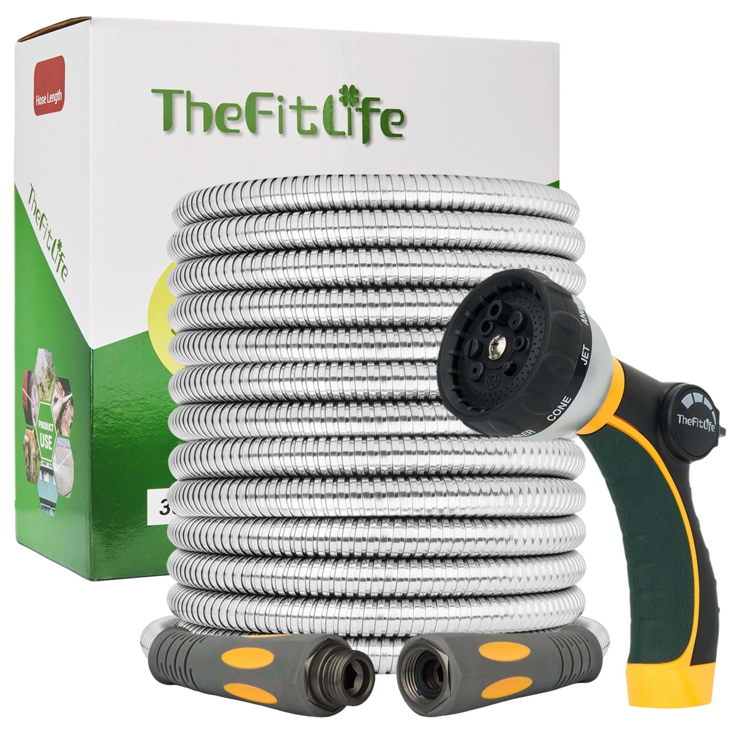 TheFitLife Flexible Metal Garden Hose - Lightweight Stainless Steel Water Hose with Solid Fittings and Sprayer Nozzle - Leak Proof Kink Free, Anti-rust, Large Diameter, Durable and Easy Storage (25FT)