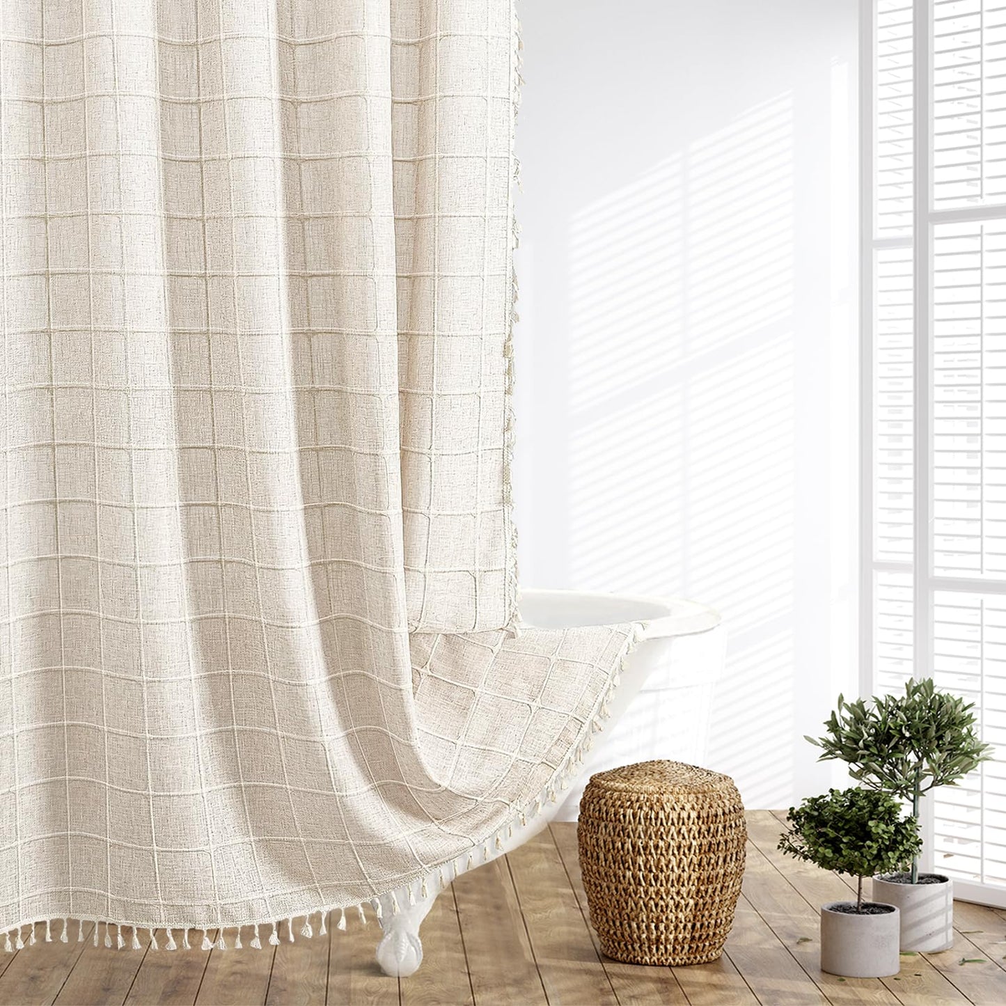 Boho Farmhouse Shower Curtain Beige Linen Shower Curtains 72 x 72 inch