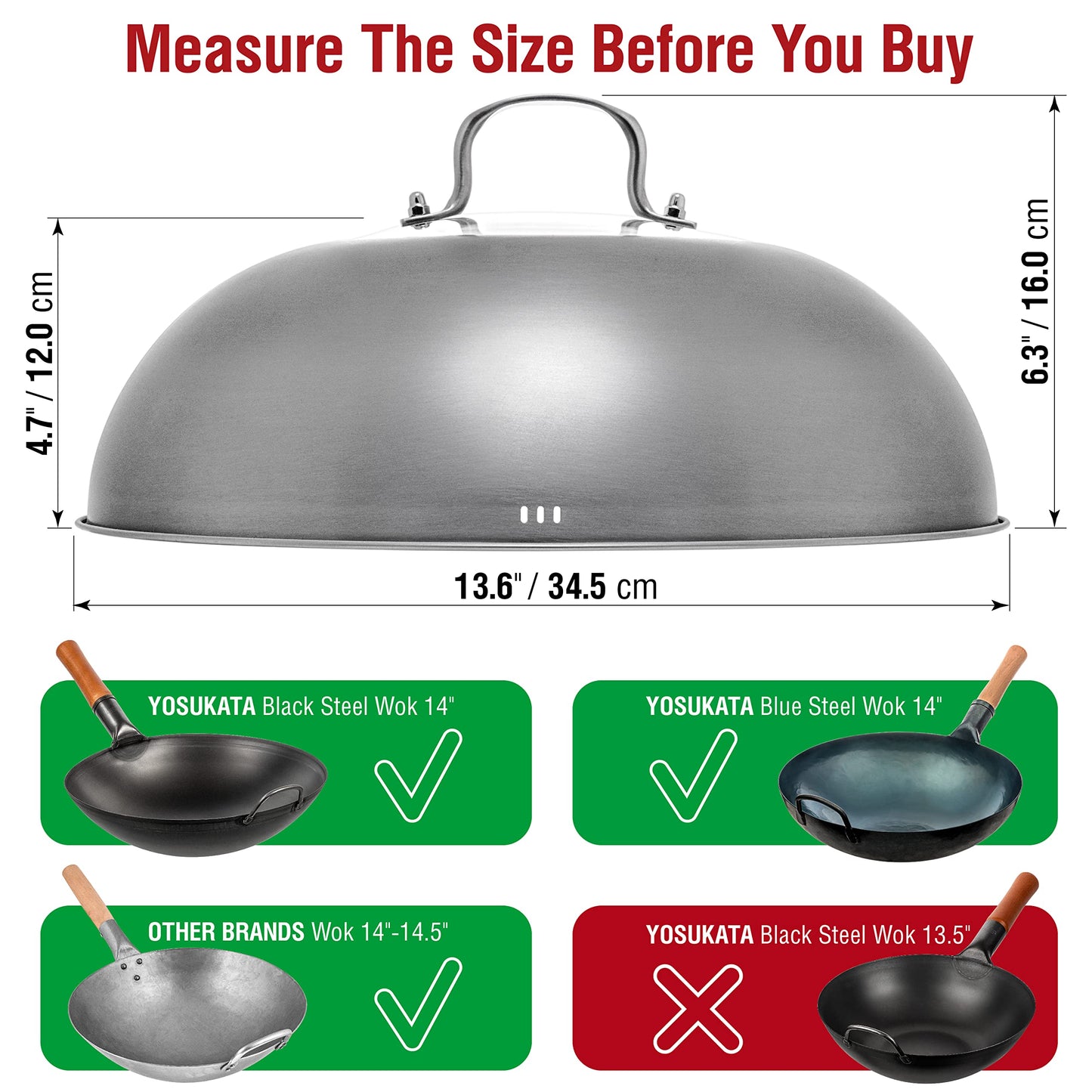 YOSUKATA Wok Lid 34.5 cm - Premium Stainless Steel Cover - Tempered Glass Insert Steam Holes - Ergonomic Handle -Durable Kitchen Accessories - Dishwasher-Safe Lid for 36 cm Wok for Asian Cooking