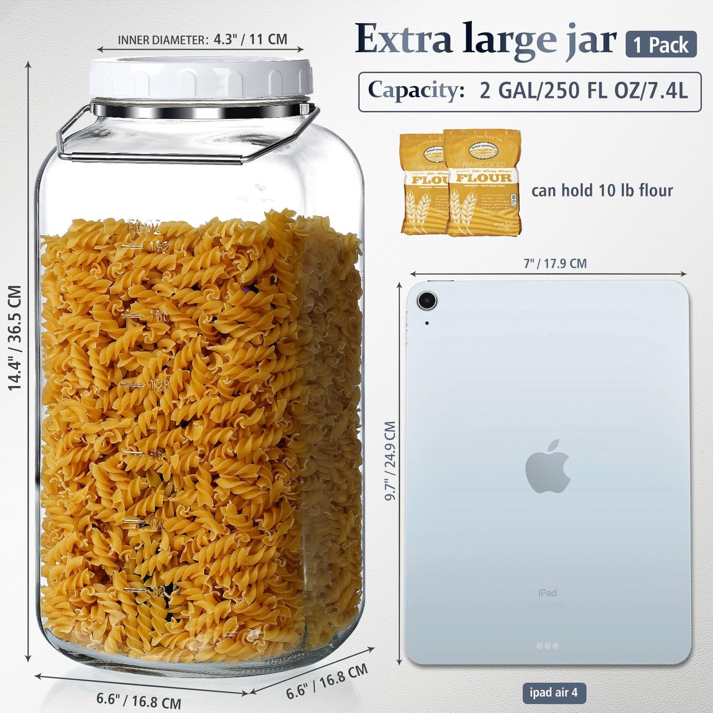 2 Gallon Large Glass Jar with Lid, Wide Mouth Storage Jars with Stainless Handle, Extra Big Glass Container with 2 Scale Mark for Storing Food, Kitchen Organization, 7400 ML/250 OZ