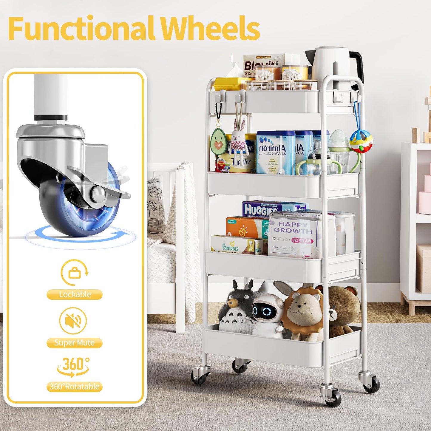 TOOLF 4-Tier Rolling Cart, Metal Utility Cart with Lockable Wheels, Storage Craft Organizer Serving Trolley Easy Assembly for Office, Bathroom, Kitchen, Kids' Room, Classroom, White