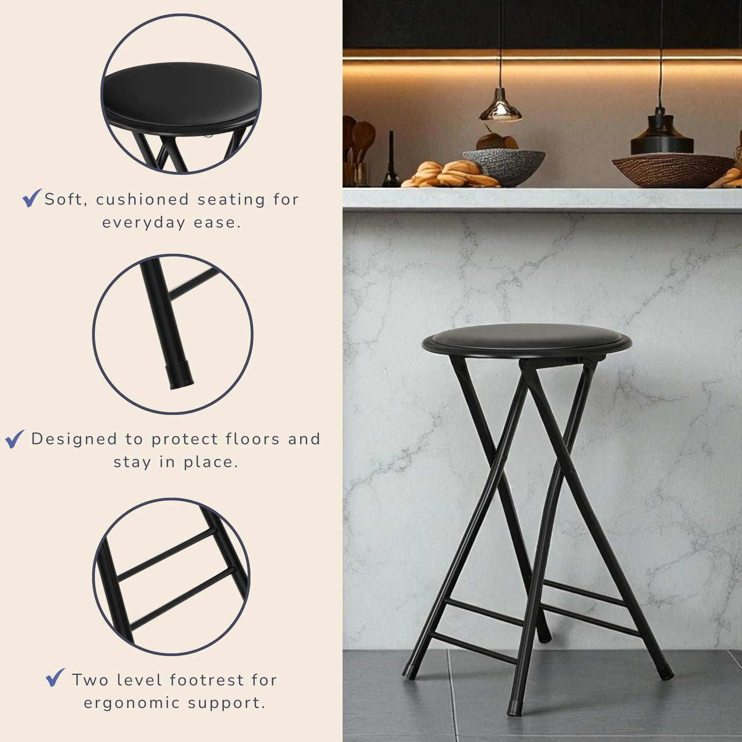TG 82-0827 24-Inch Cushioned Folding Stool, Black